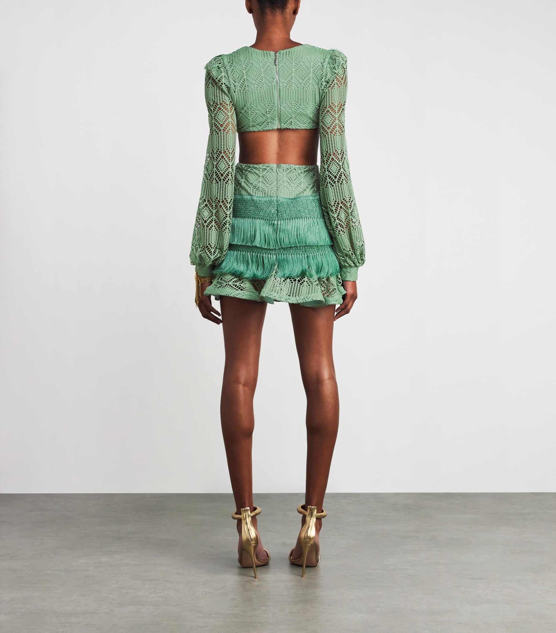 PatBO Green Crochet Fringe-Trim Samba Mini Dress
