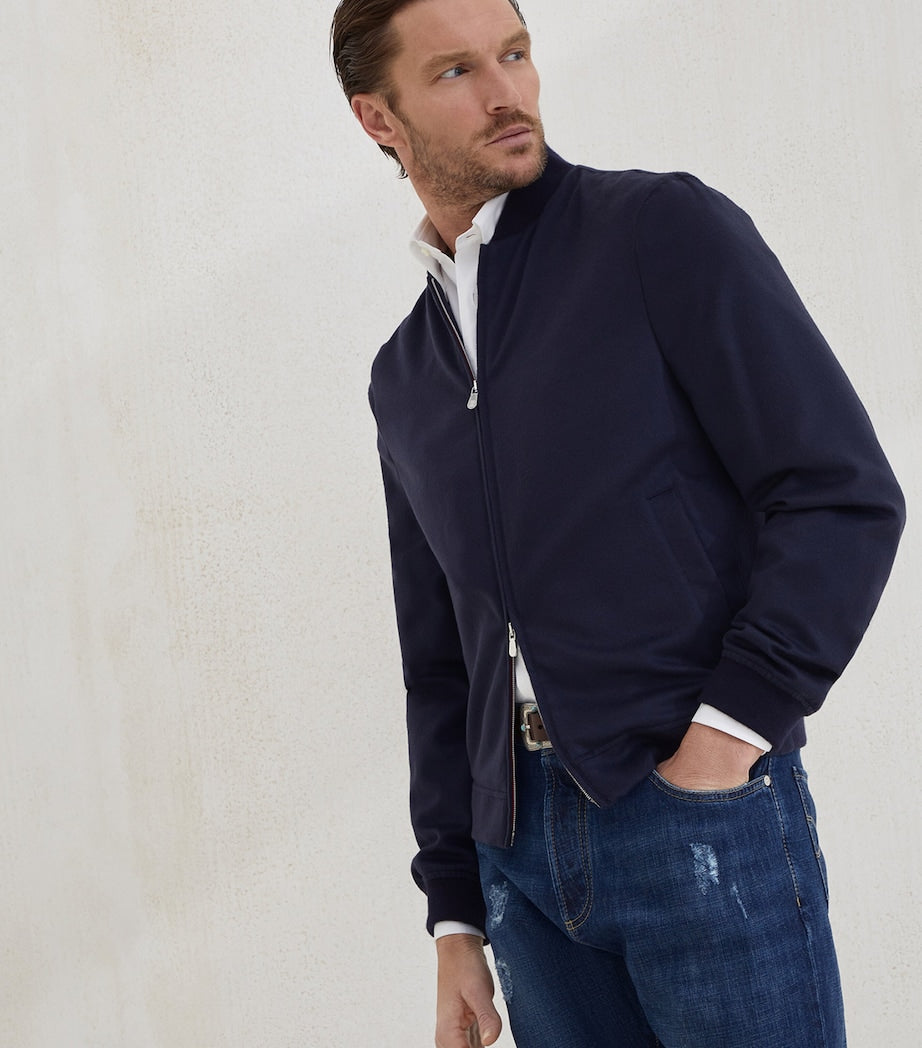 Brunello Cucinelli Blue Cashmere Flannel Bomber Jacket