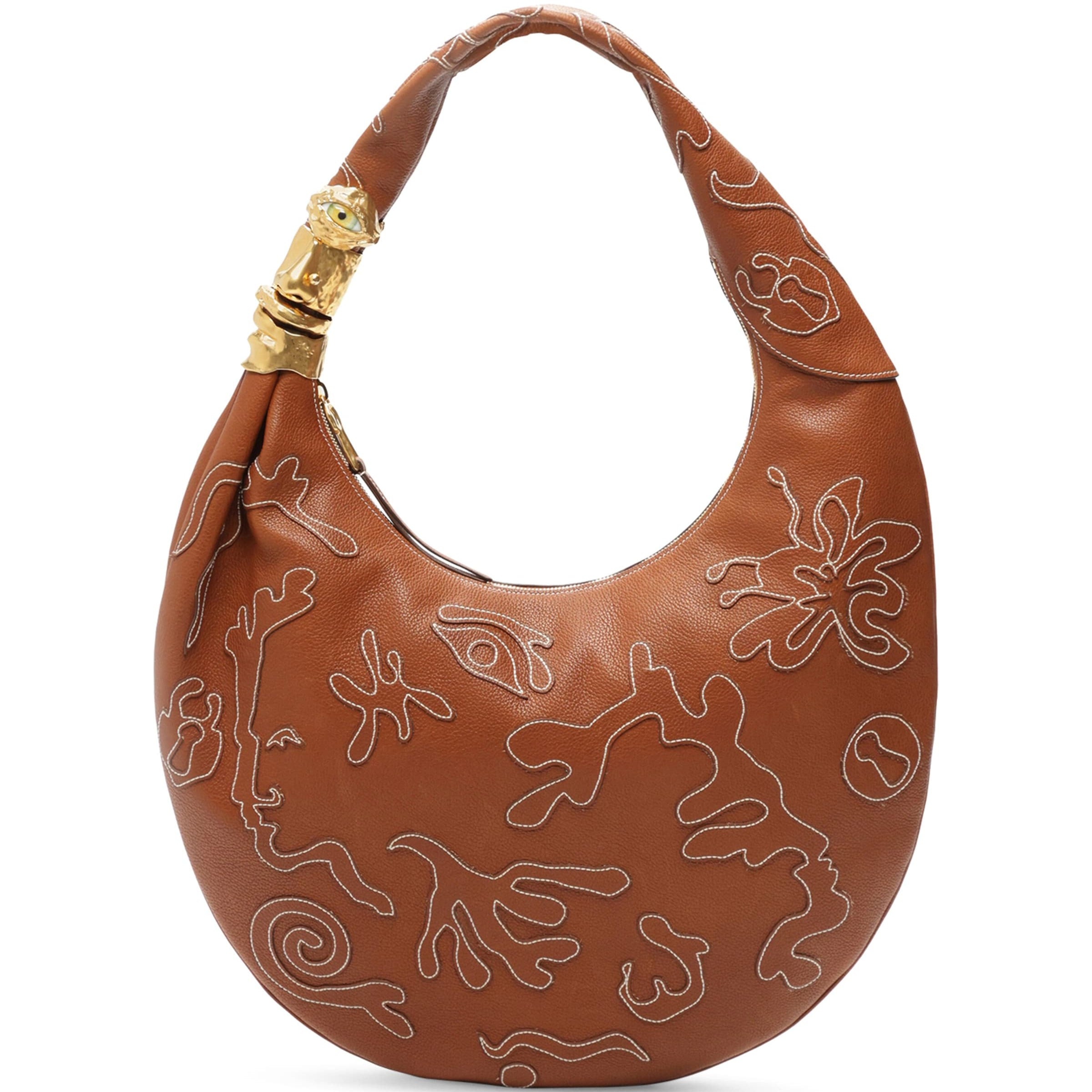 Large Leather Embroidered Soufflé Shoulder Bag 806 CARAMEL