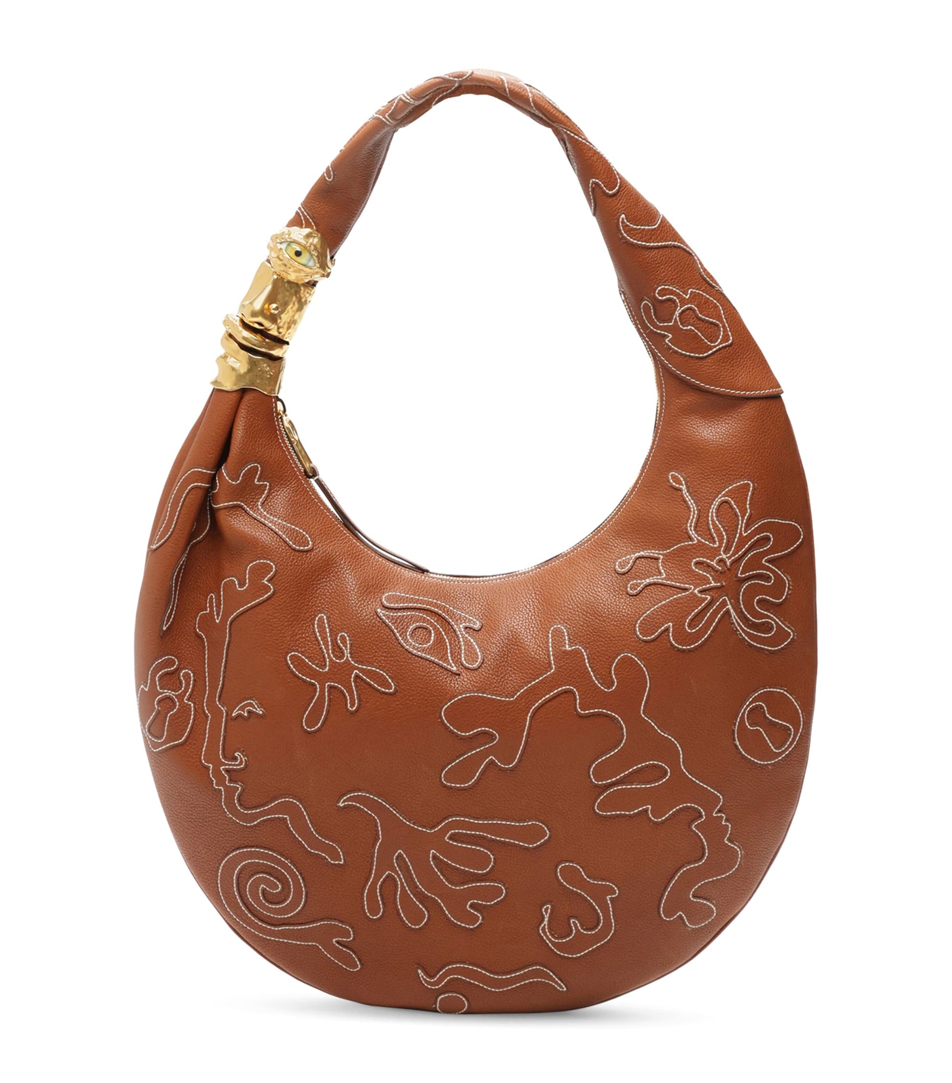 Large Leather Embroidered Soufflé Shoulder Bag 806 CARAMEL