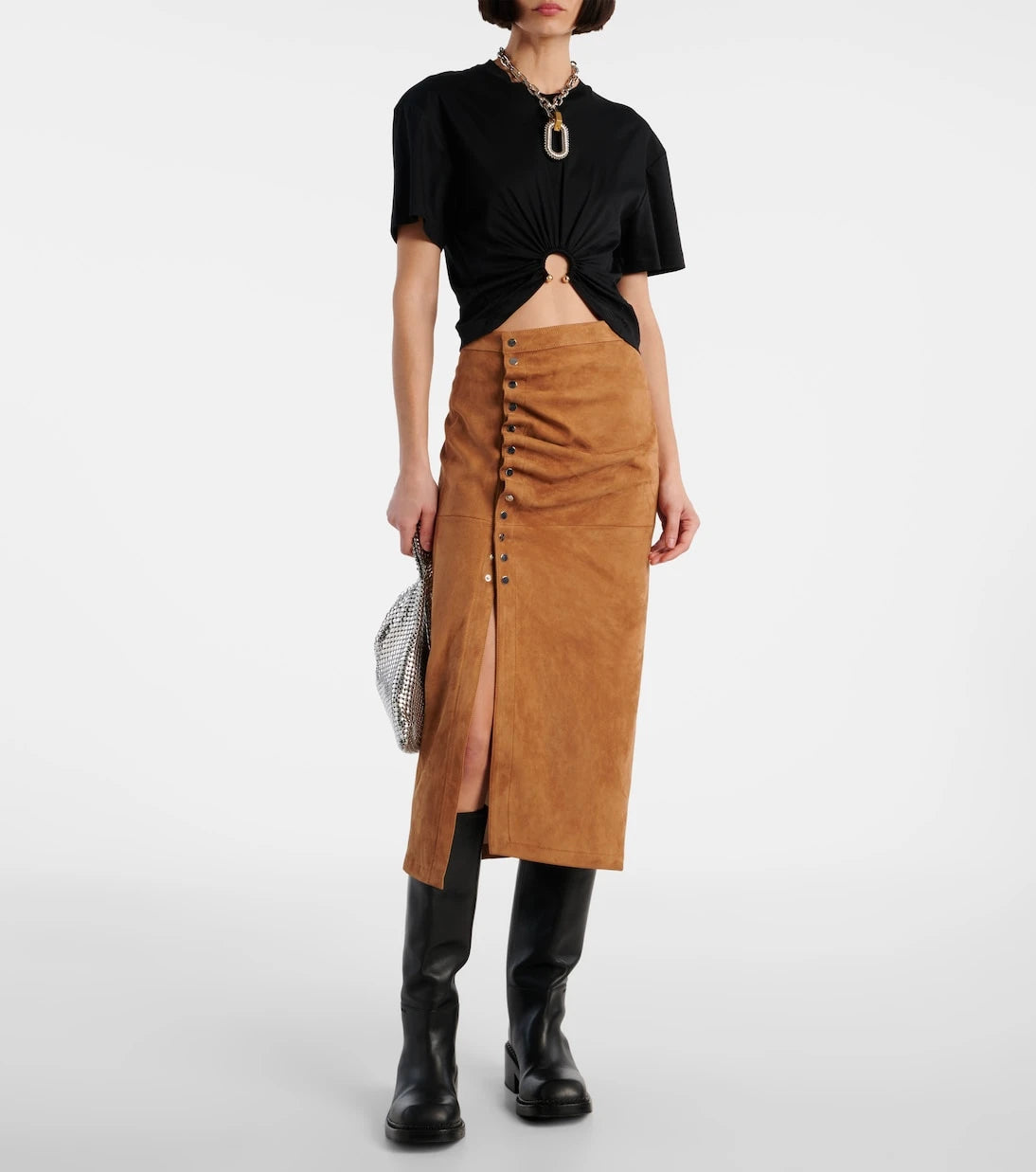 Rabanne - Ruched suede midi skirt