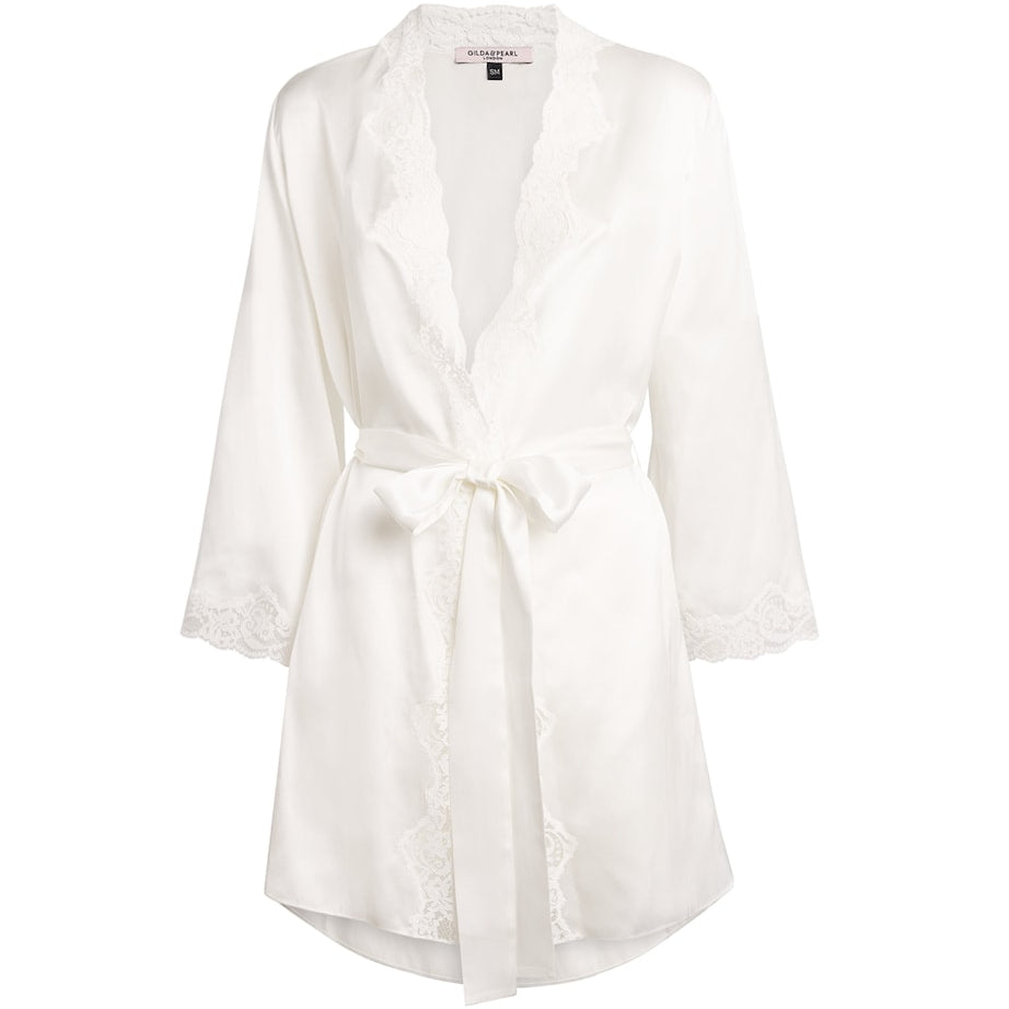 Gilda & Pearl Ivory Silk Lace-Trim In My Boudoir Short Robe