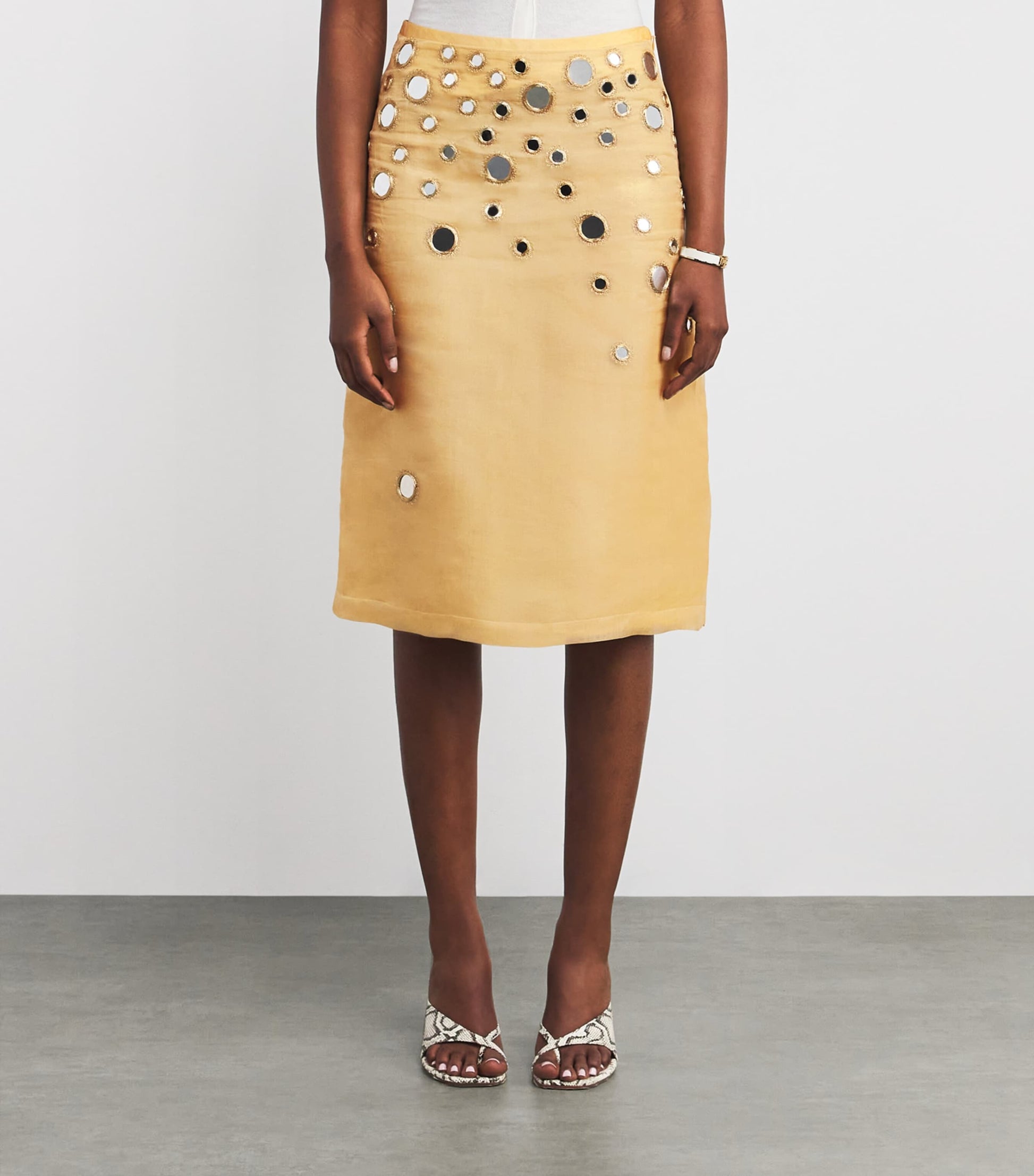 Beige Silk Mirror-Embellished Midi Skirt