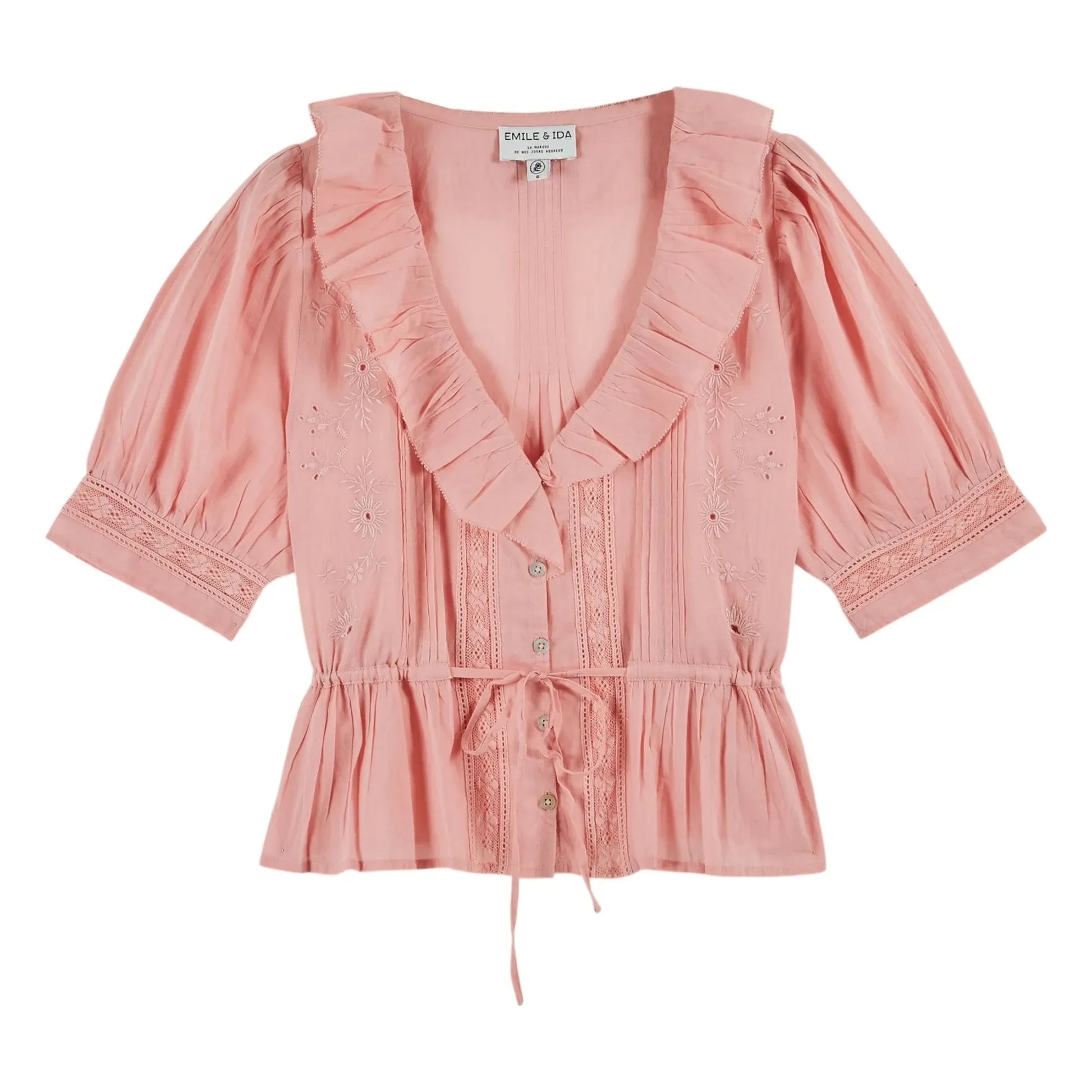 Emile et Ida - Embroidered cotton ruffled blouse | Pink