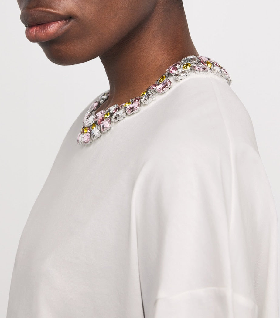 White Cotton Embellished-Neck T-Shirt