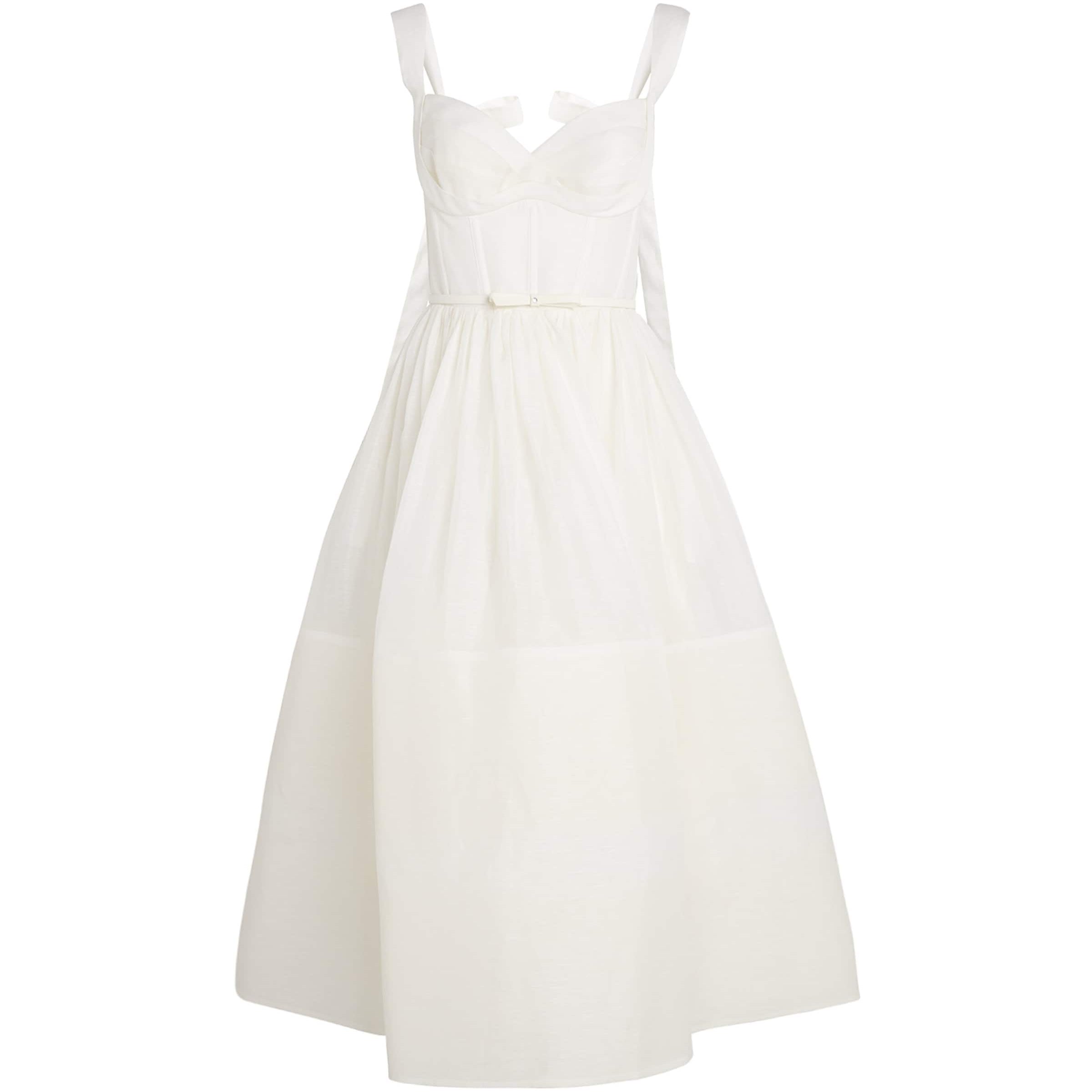 Ivory Linen-Silk Corset Midi Dress