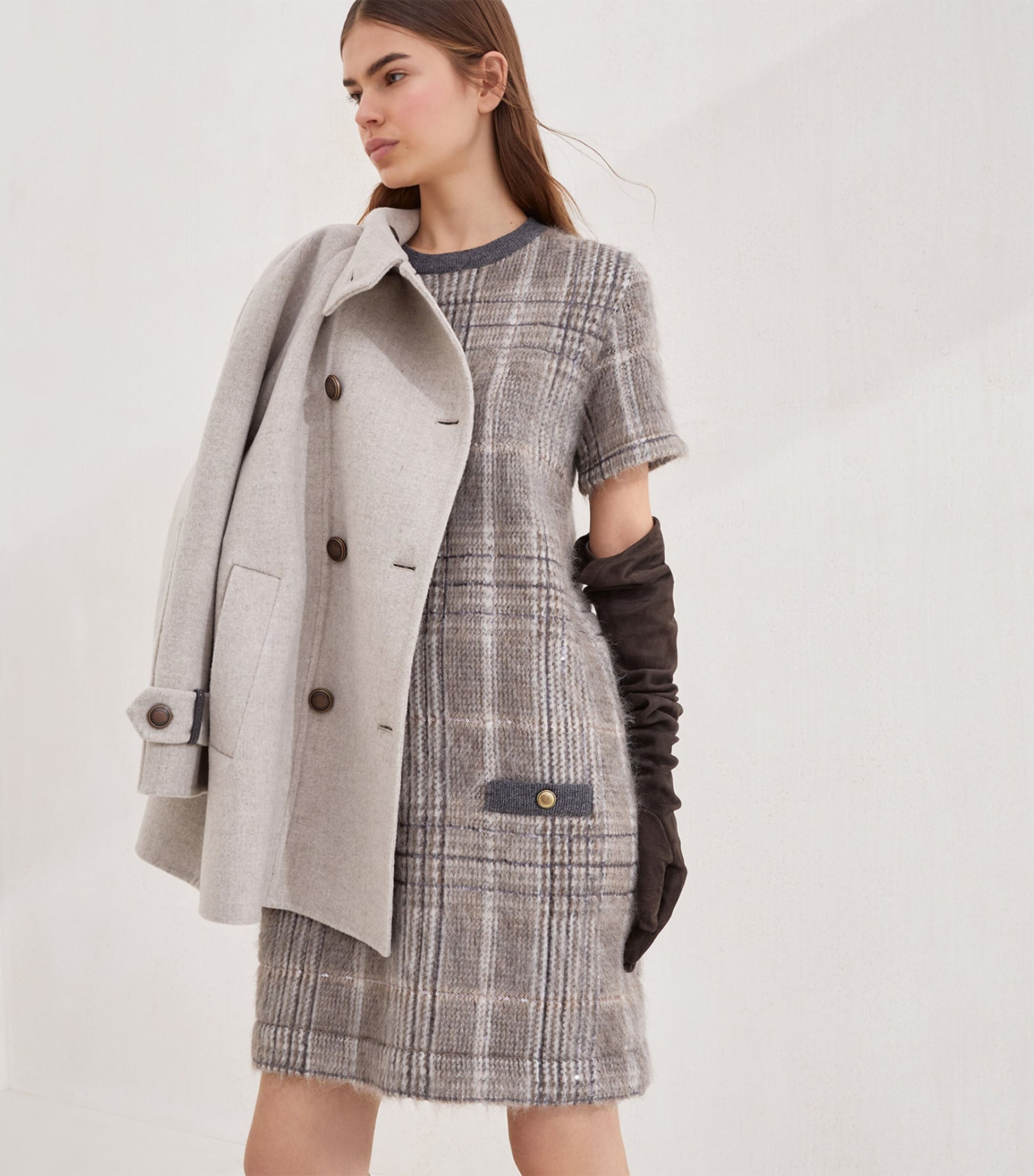 Brunello Cucinelli White Wool-Blend Checked Mini Dress