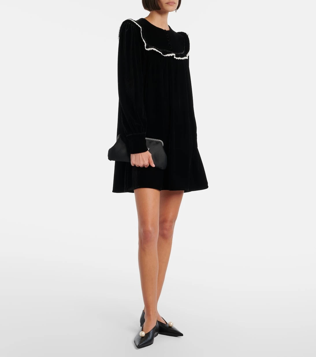 Ganni - Lace-trimmed velvet minidress