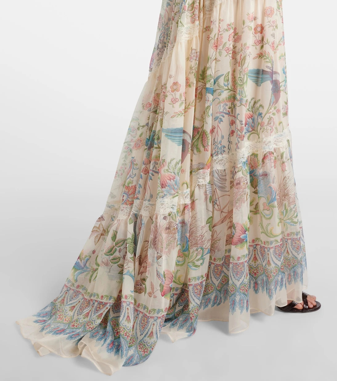Etro - Lace-trimmed printed off-shoulder silk maxi dress