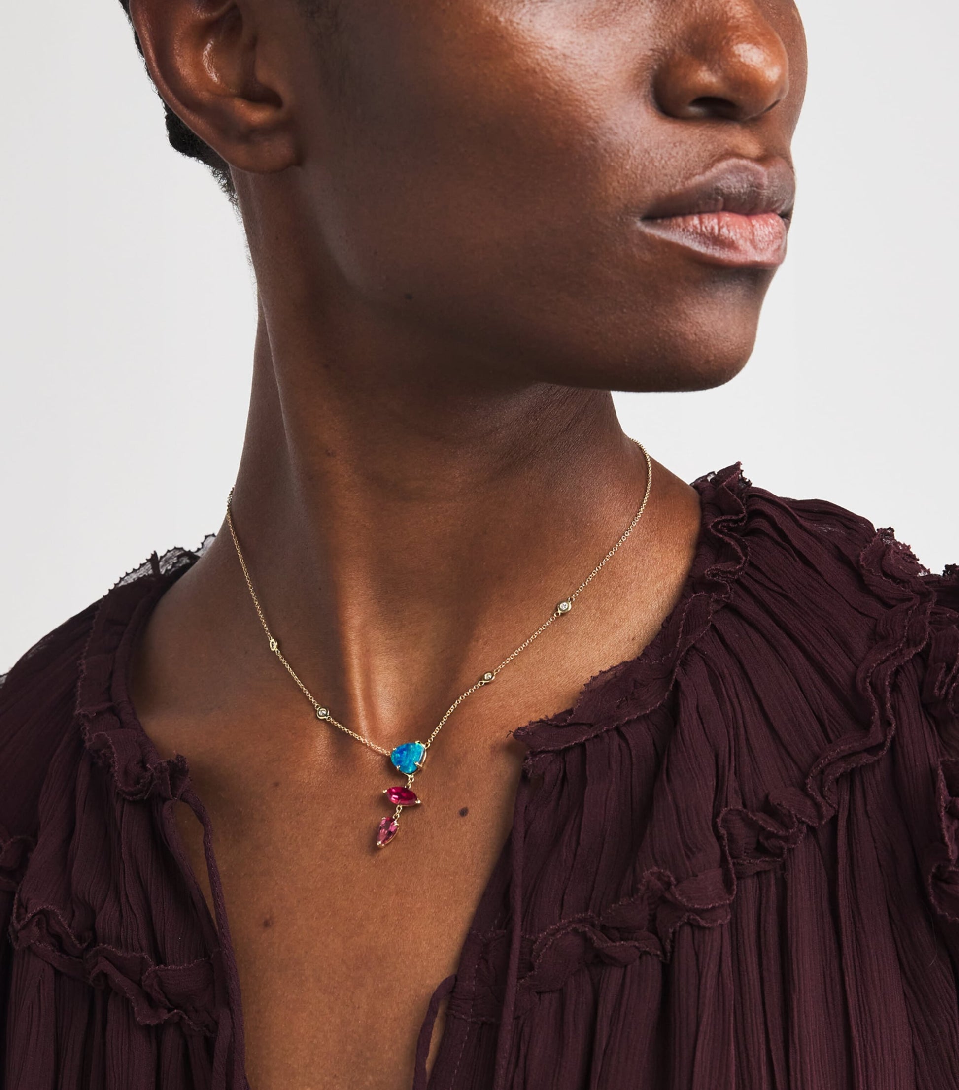 Yellow Gold, Diamond, Tourmaline and Opal Freeform 4-Step Necklace