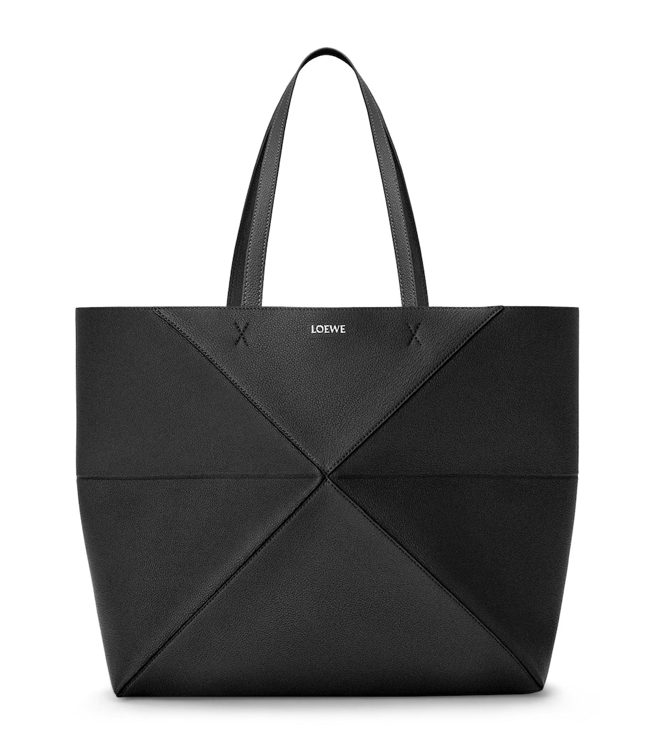 Large Leather Puzzle Fold Tote Bag BLACK