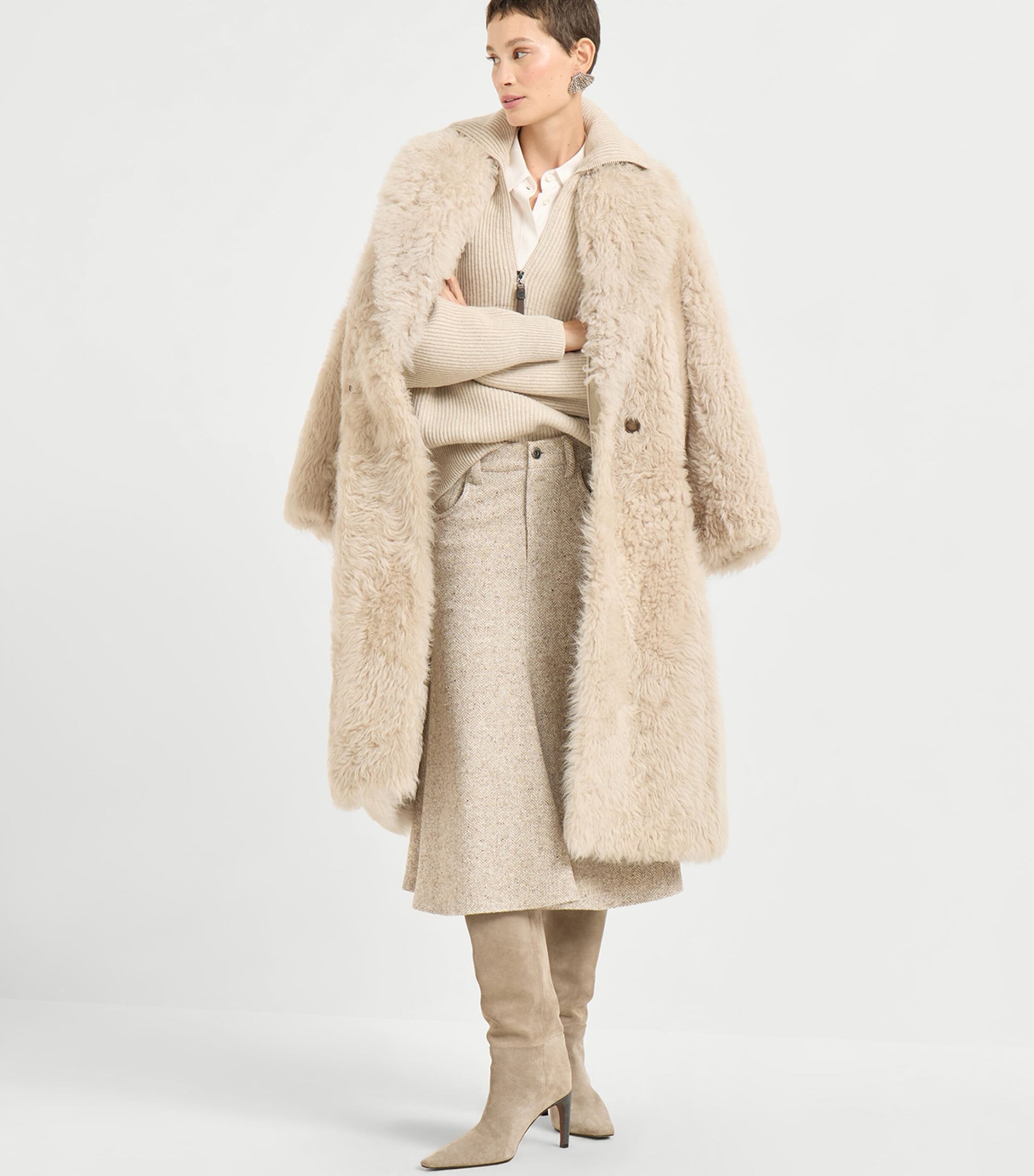 Brunello Cucinelli Beige Flecked Virgin Wool-Silk-Blend Midi Skirt