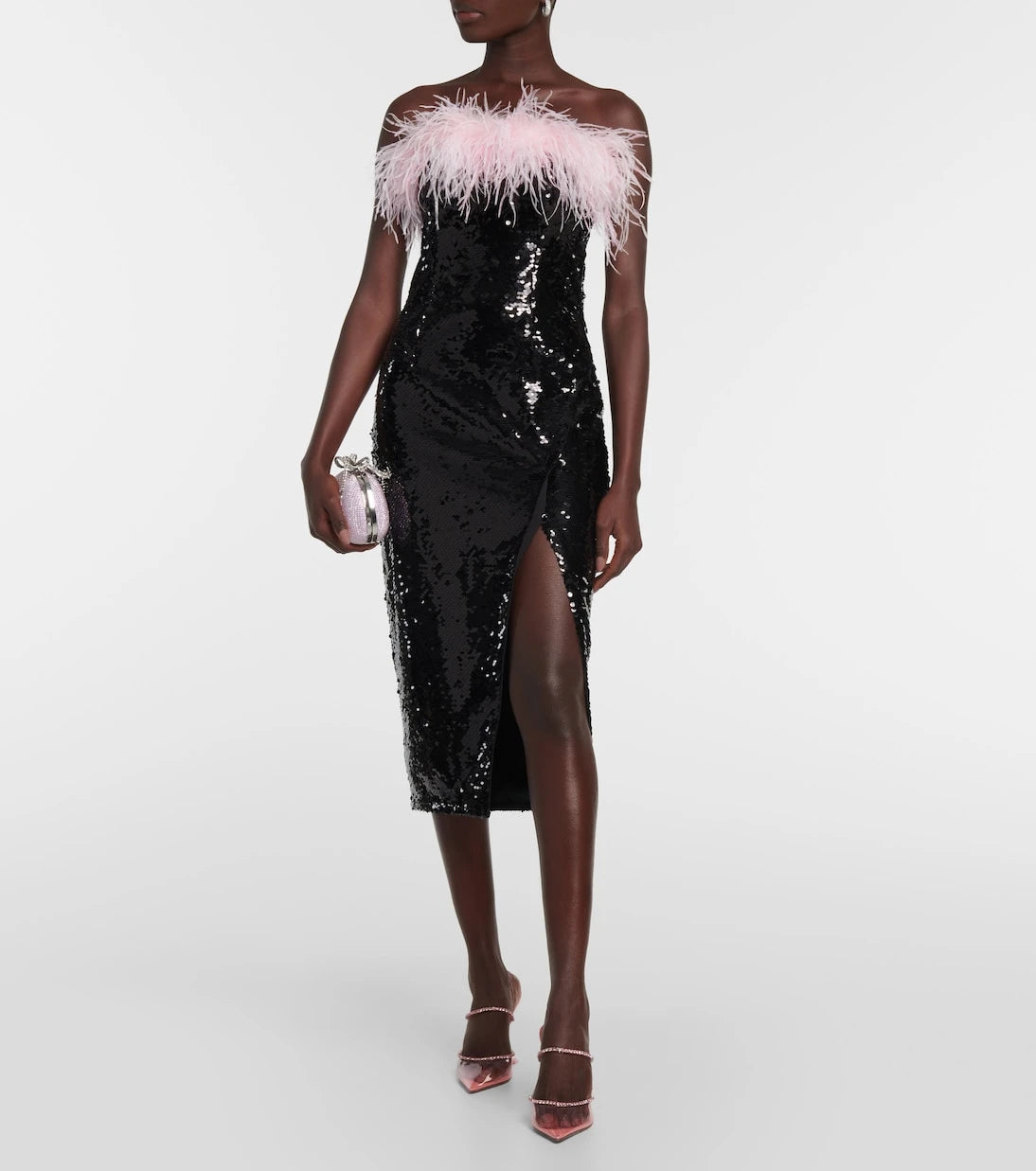 Self-Portrait - Feather-trimmed sequined midi dress