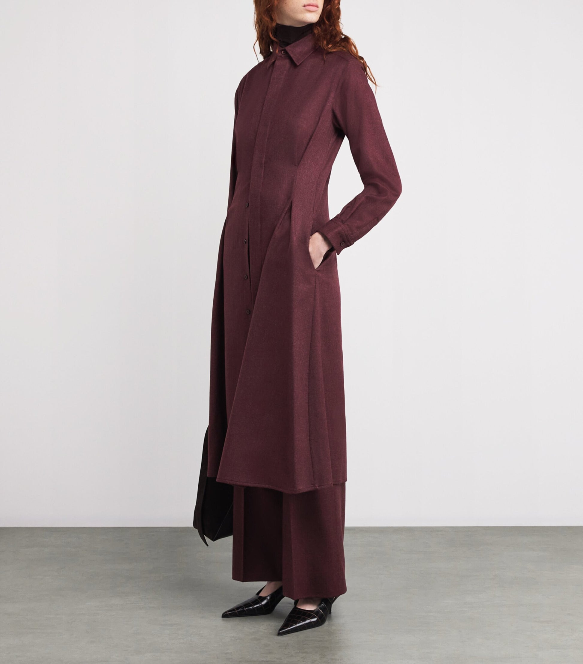 Burgundy Cashmere Belted Midi Shirt Dress