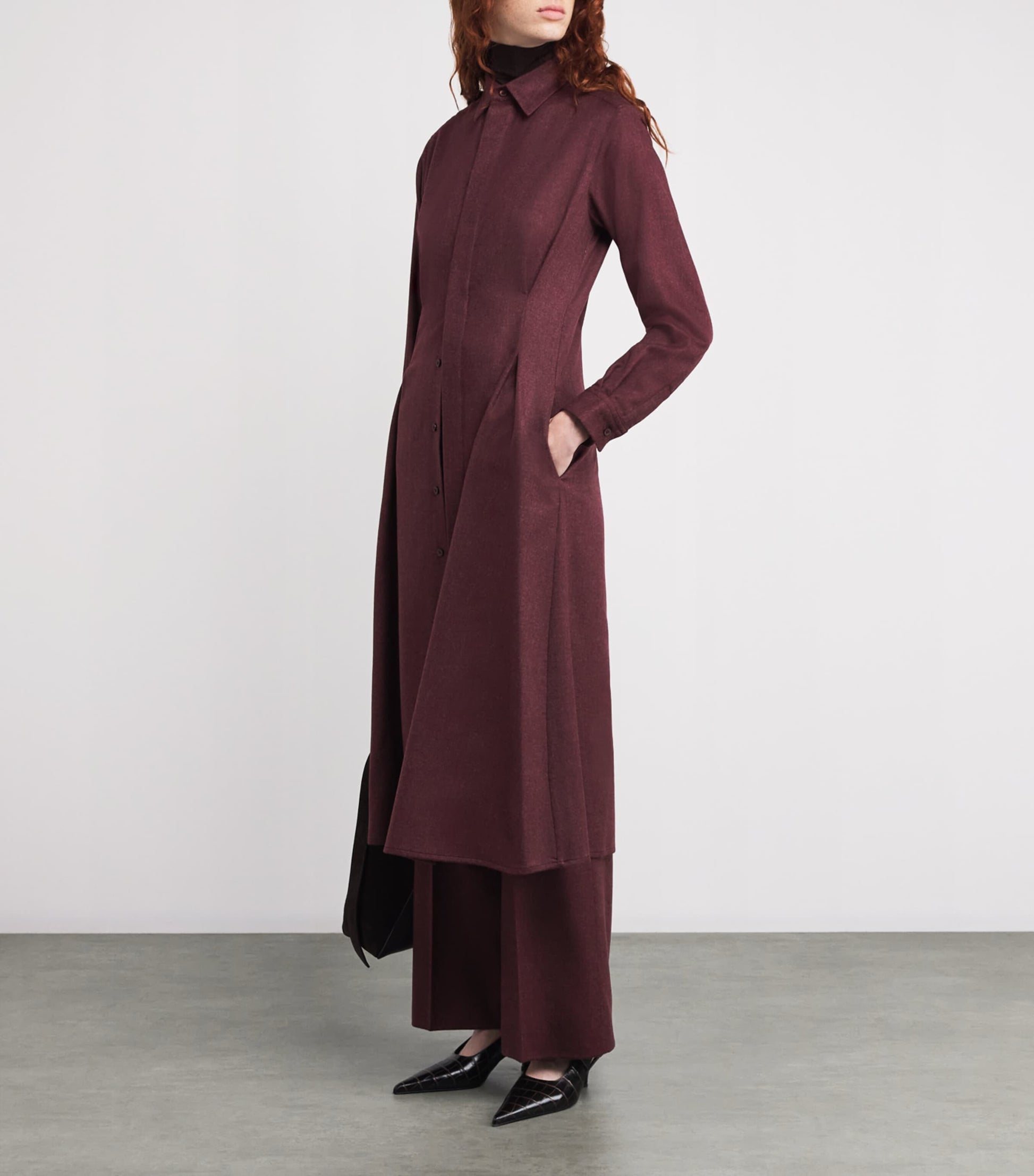 Burgundy Cashmere Belted Midi Shirt Dress