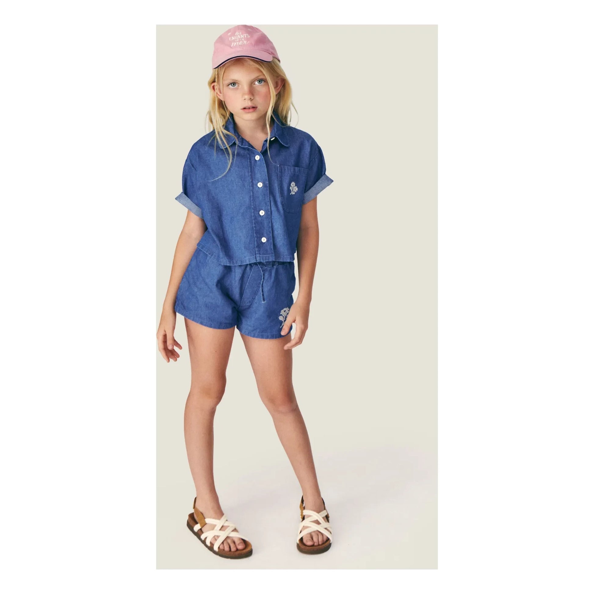 Mipounet - Short Denim Amélie Cotton Flowers BCI | Blue