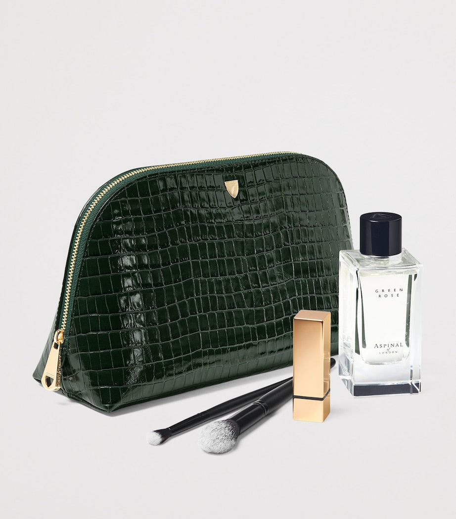 Large Leather Croc-Embossed Cosmetic Case