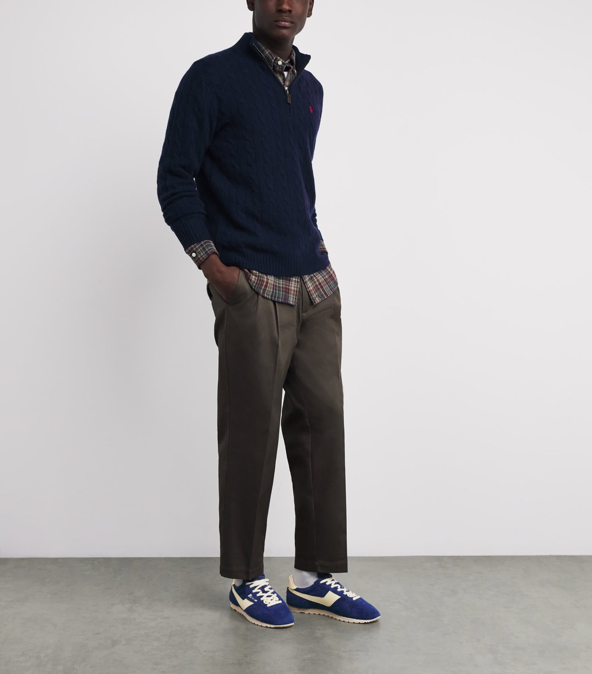 Polo Ralph Lauren Blue Wool-Cashmere Cable-Knit Quarter-Zip Sweater