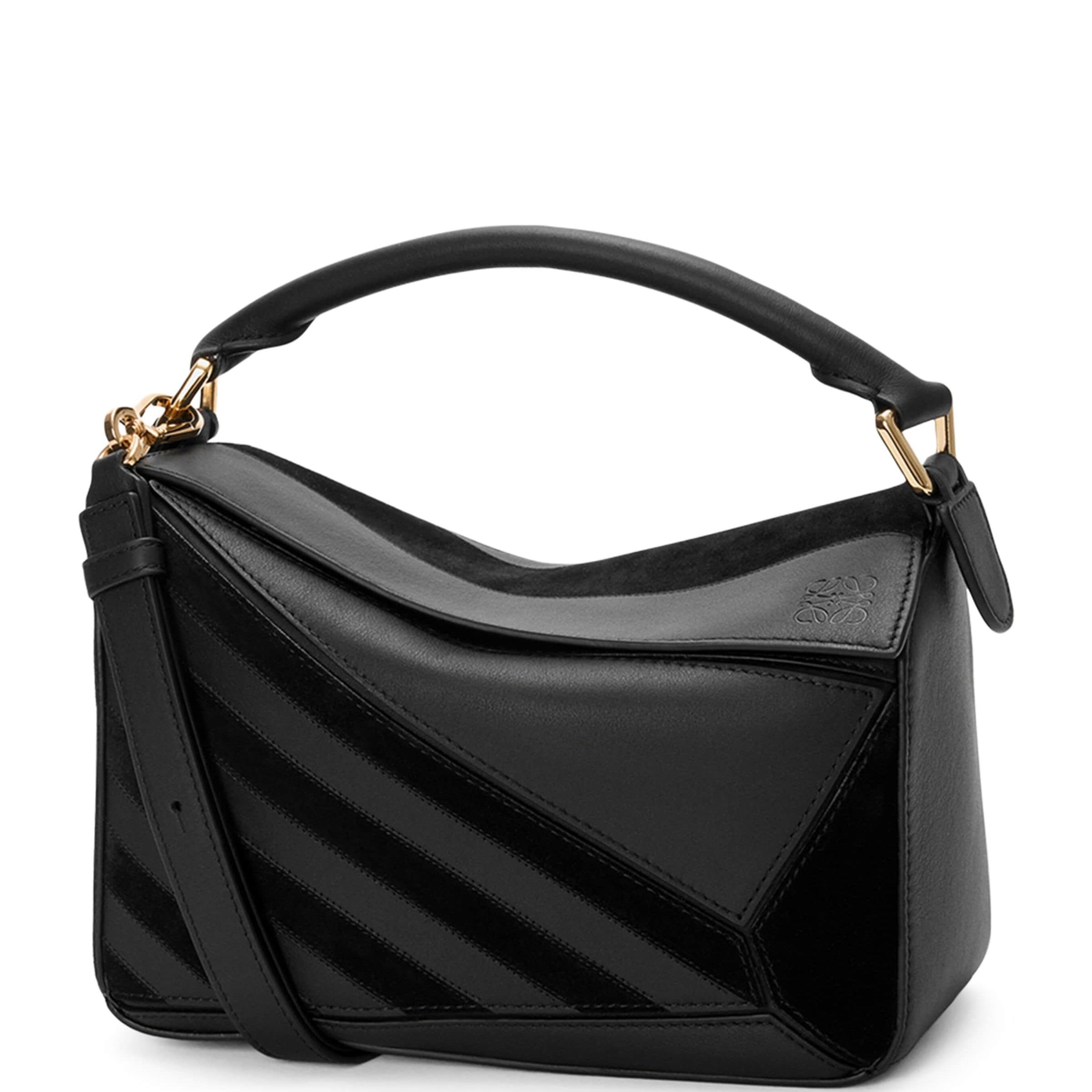 Small Leather Stripe Puzzle Edge Top-Handle Bag