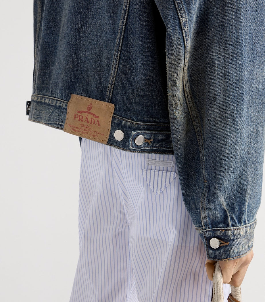 Prada Blue Leather-Detail Denim Jacket