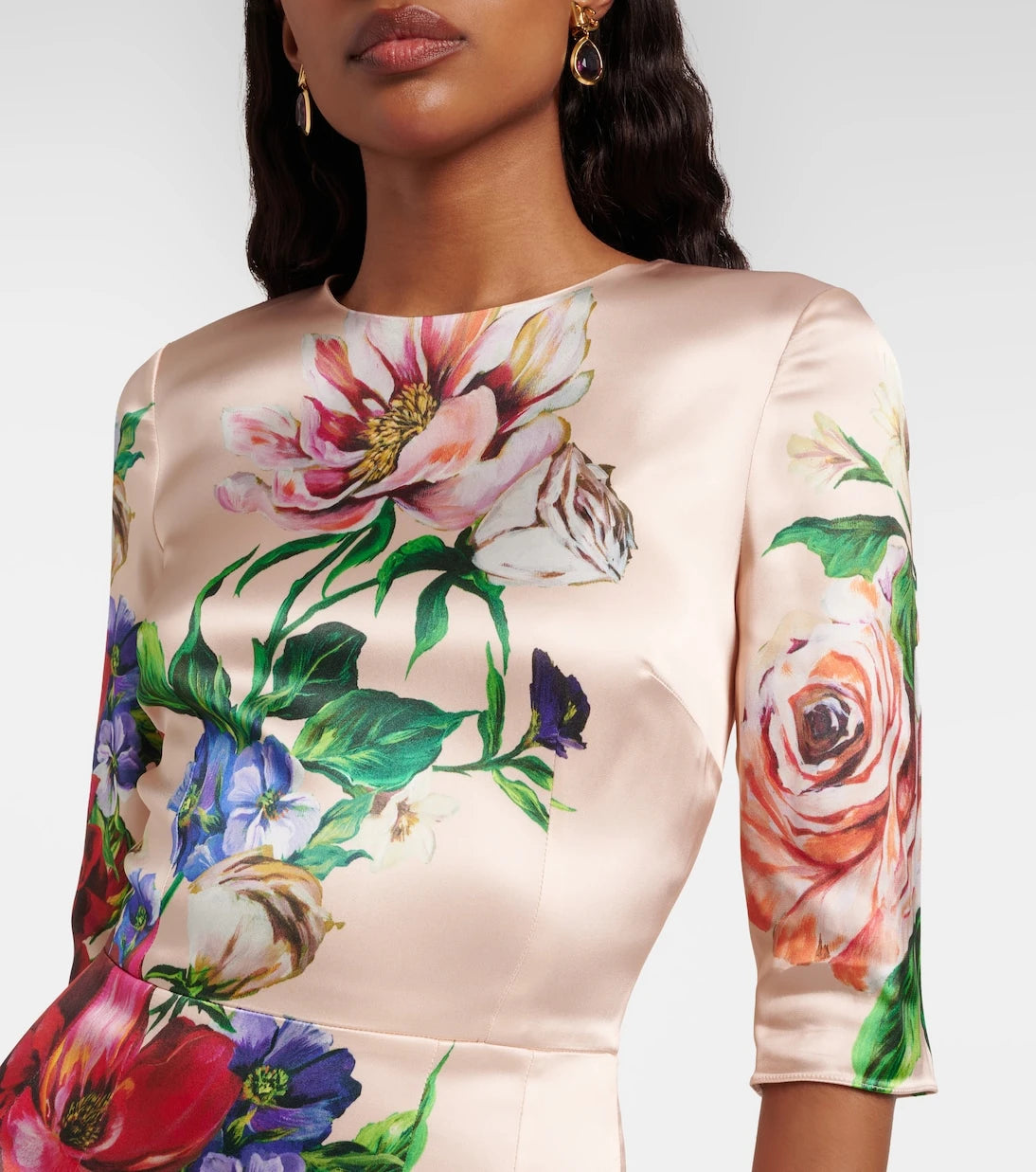 Dolce&Gabbana - فستان متوسط الطول من الساتان بنقشة الزهور