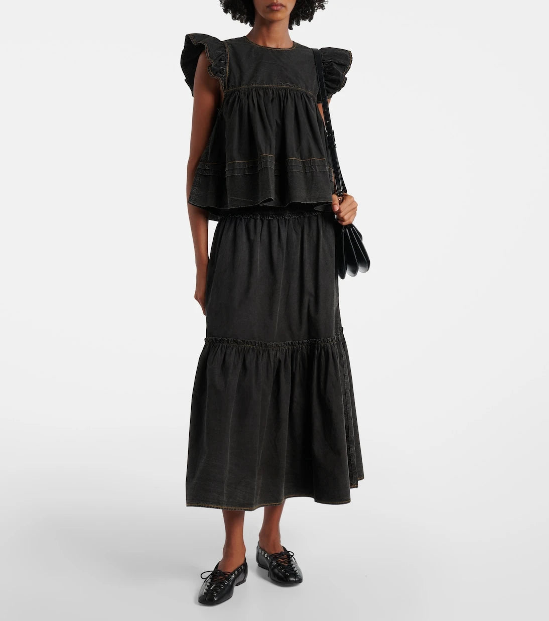 Ganni - Smocked tiered cotton maxi skirt