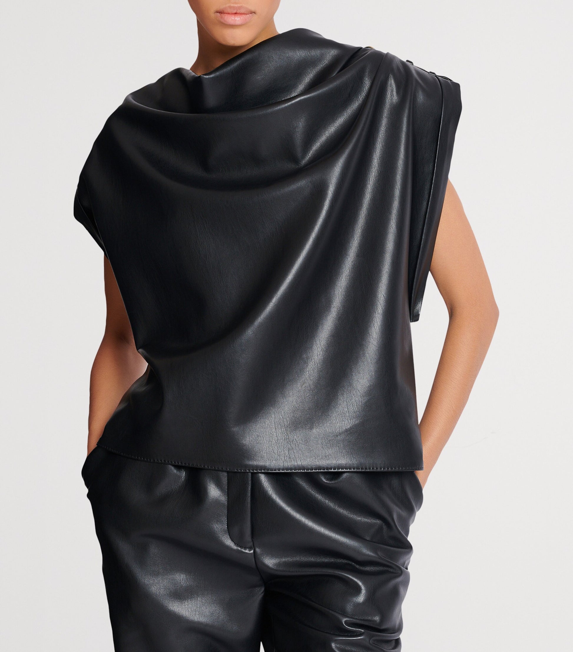 Balmain Black Faux Leather Draped Top