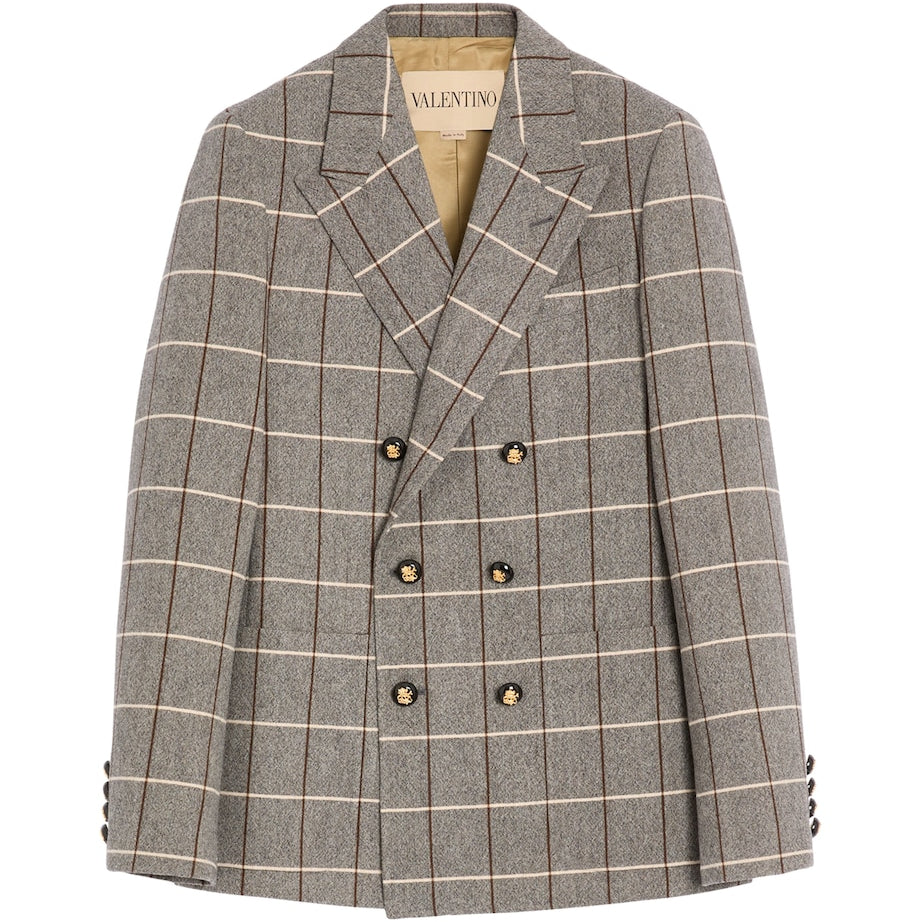 Valentino Garavani Grey Virgin Wool Windowpane Check Double-Breasted Blazer