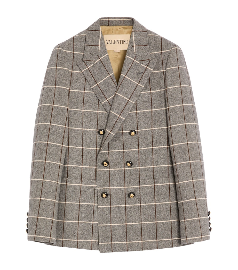 Valentino Garavani Grey Virgin Wool Windowpane Check Double-Breasted Blazer