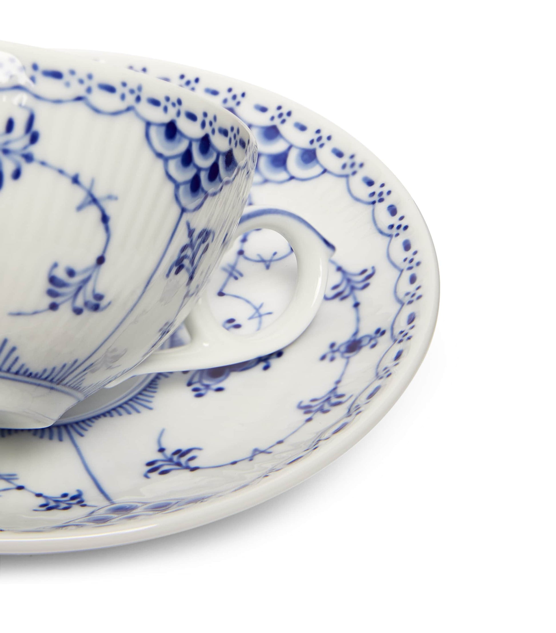 Royal Copenhagen Blue Fluted Half Lace Teacup and Saucer