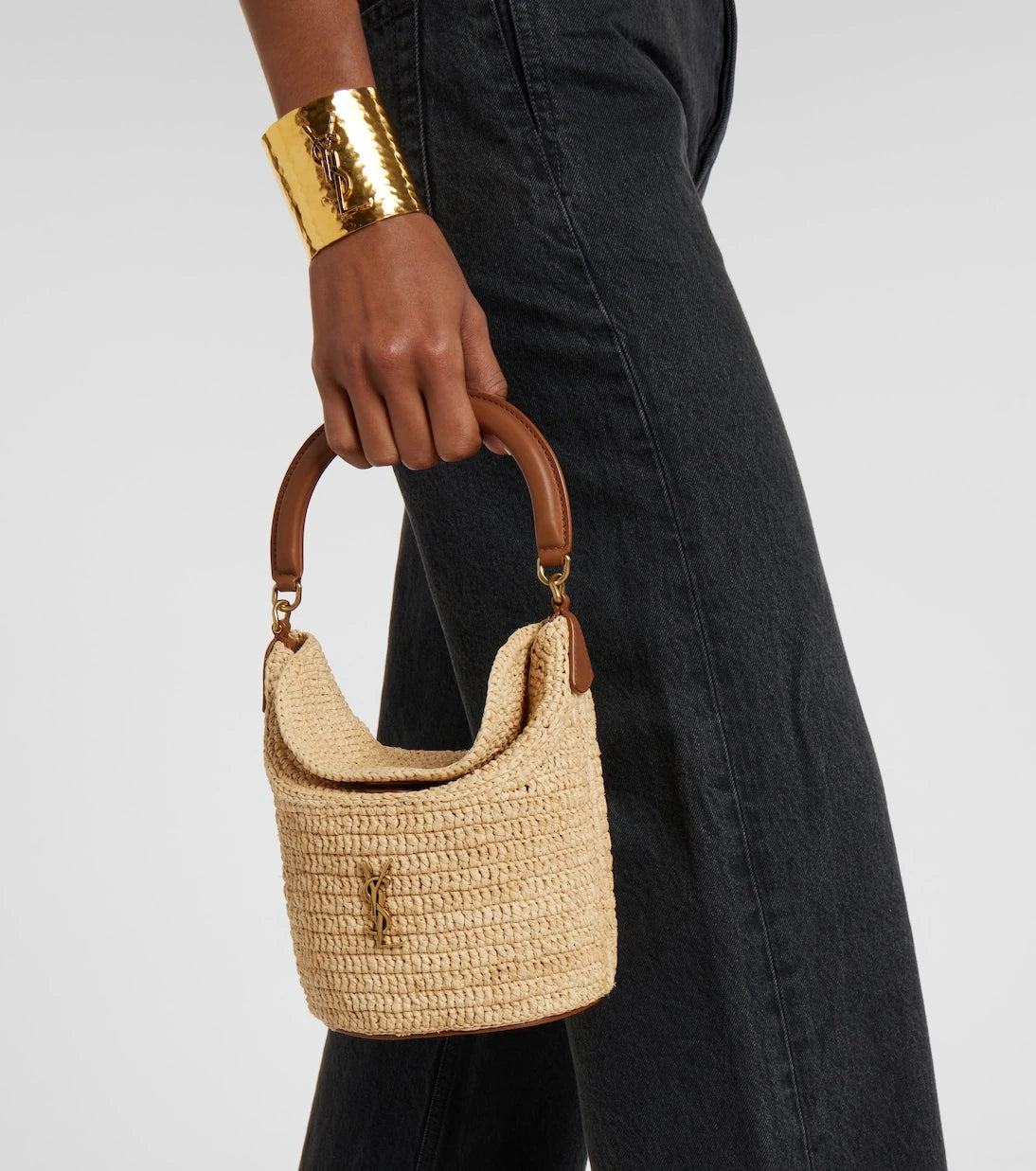 Saint Laurent - Gaby leather-trimmed raffia bucket bag
