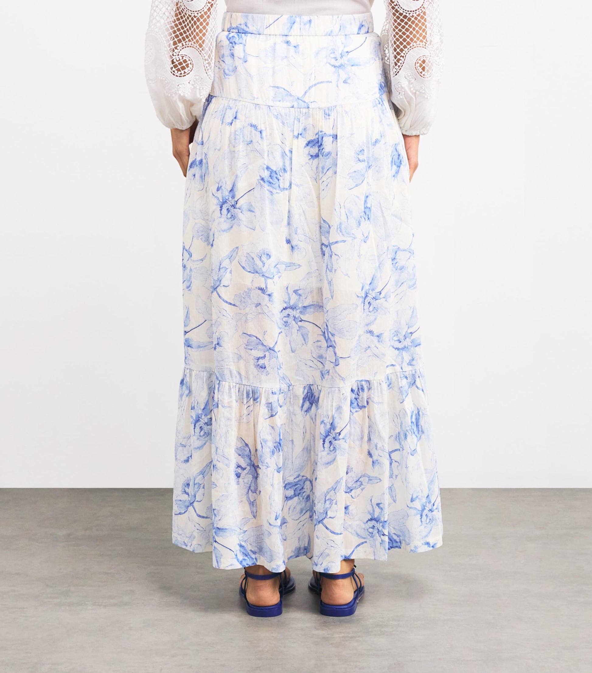 Blue Linen-Blend Watercolour Maxi Skirt