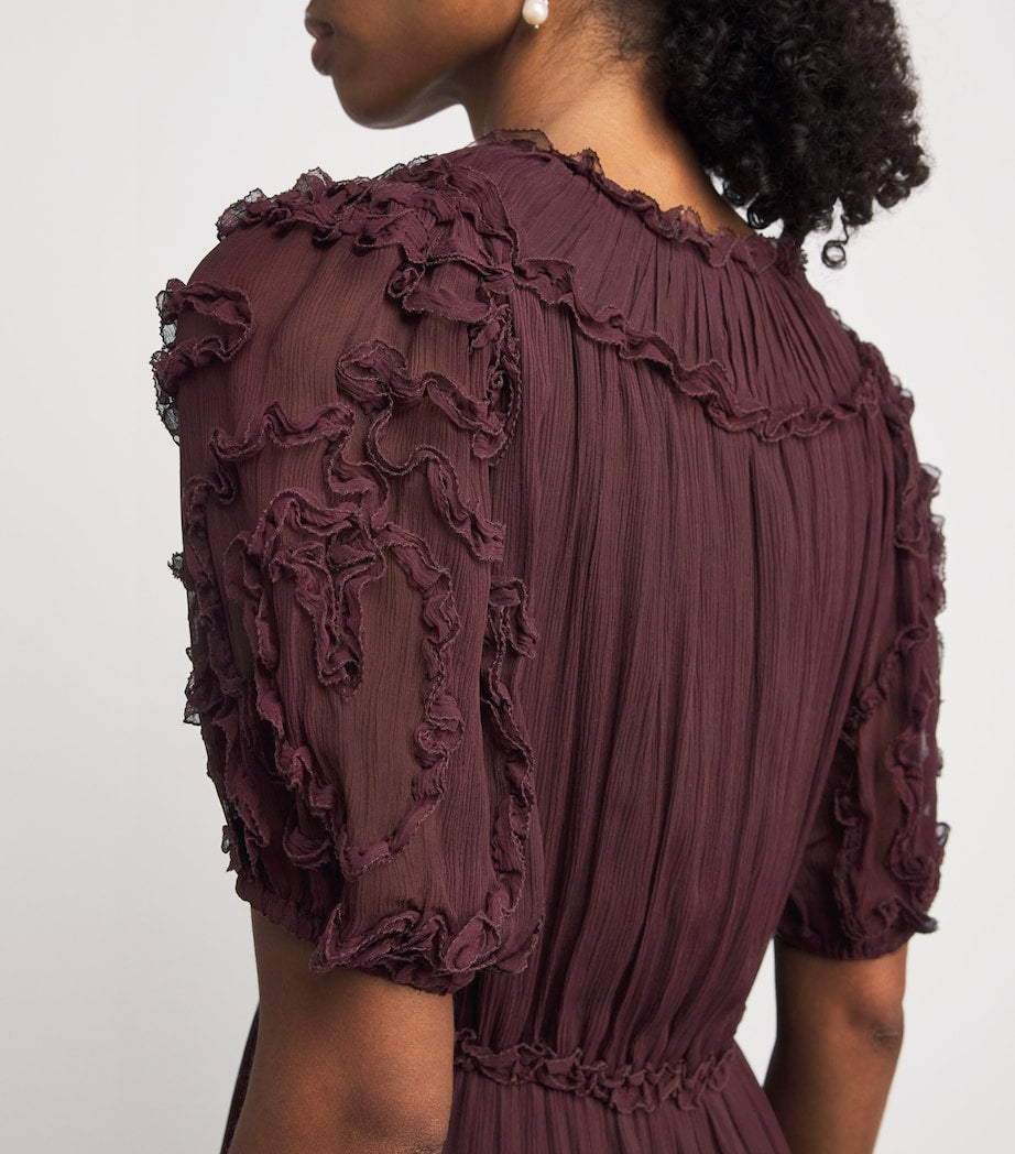 Burgundy Silk Ruffled Nan Midi Dress