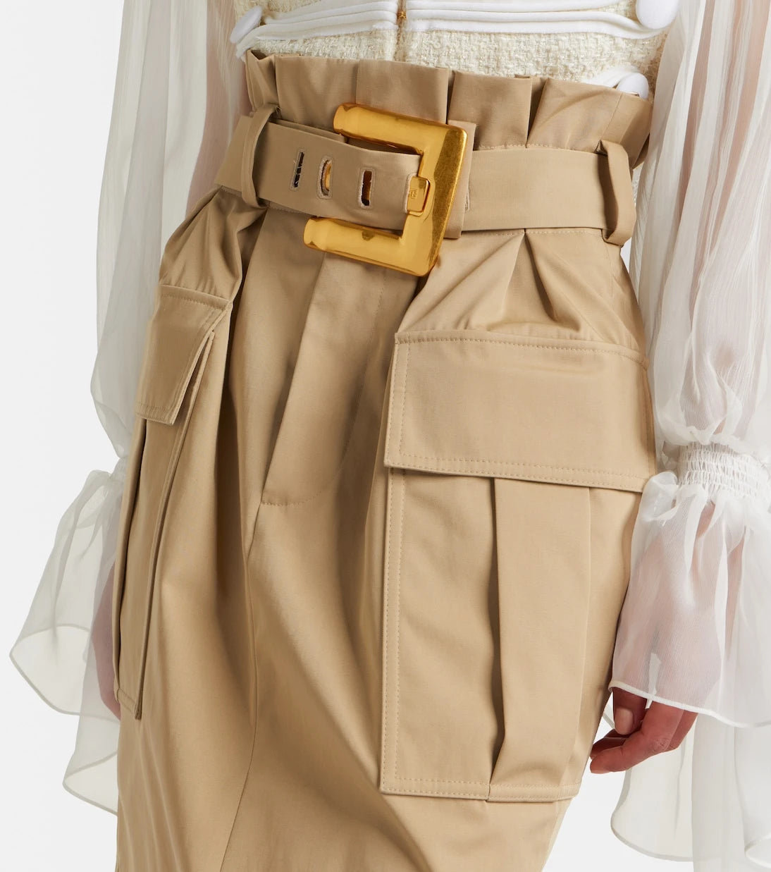 Balmain - Belted cotton gabardine midi skirt