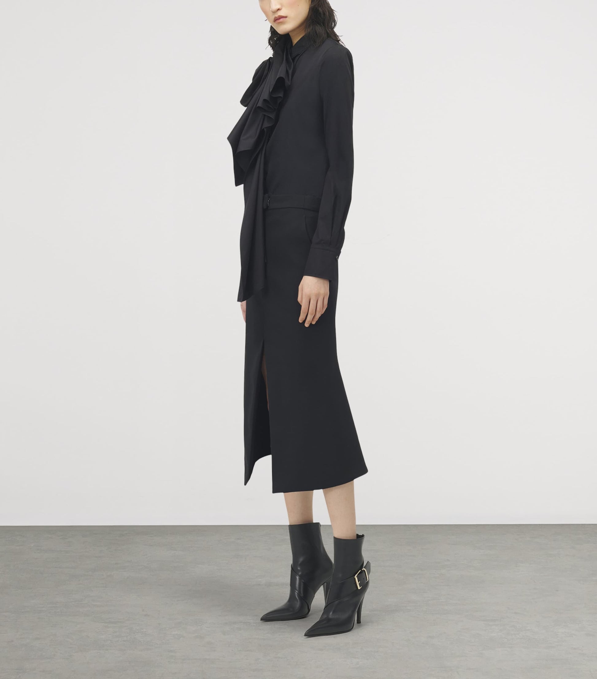 Black Stretch-Wool Midi Skirt