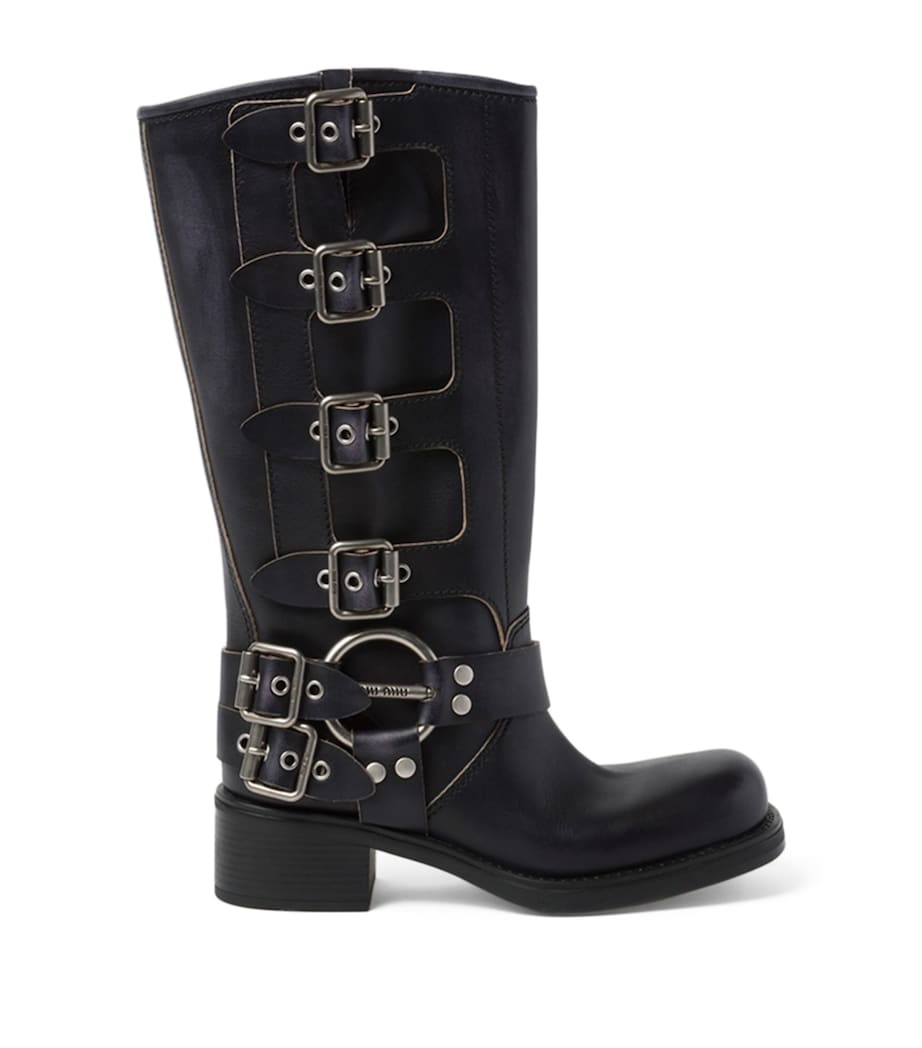 Miu Miu Black Leather Buckle Boots 50