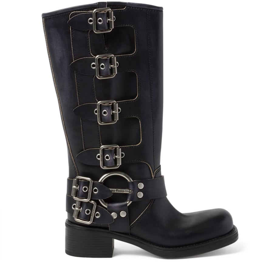Miu Miu Black Leather Buckle Boots 50