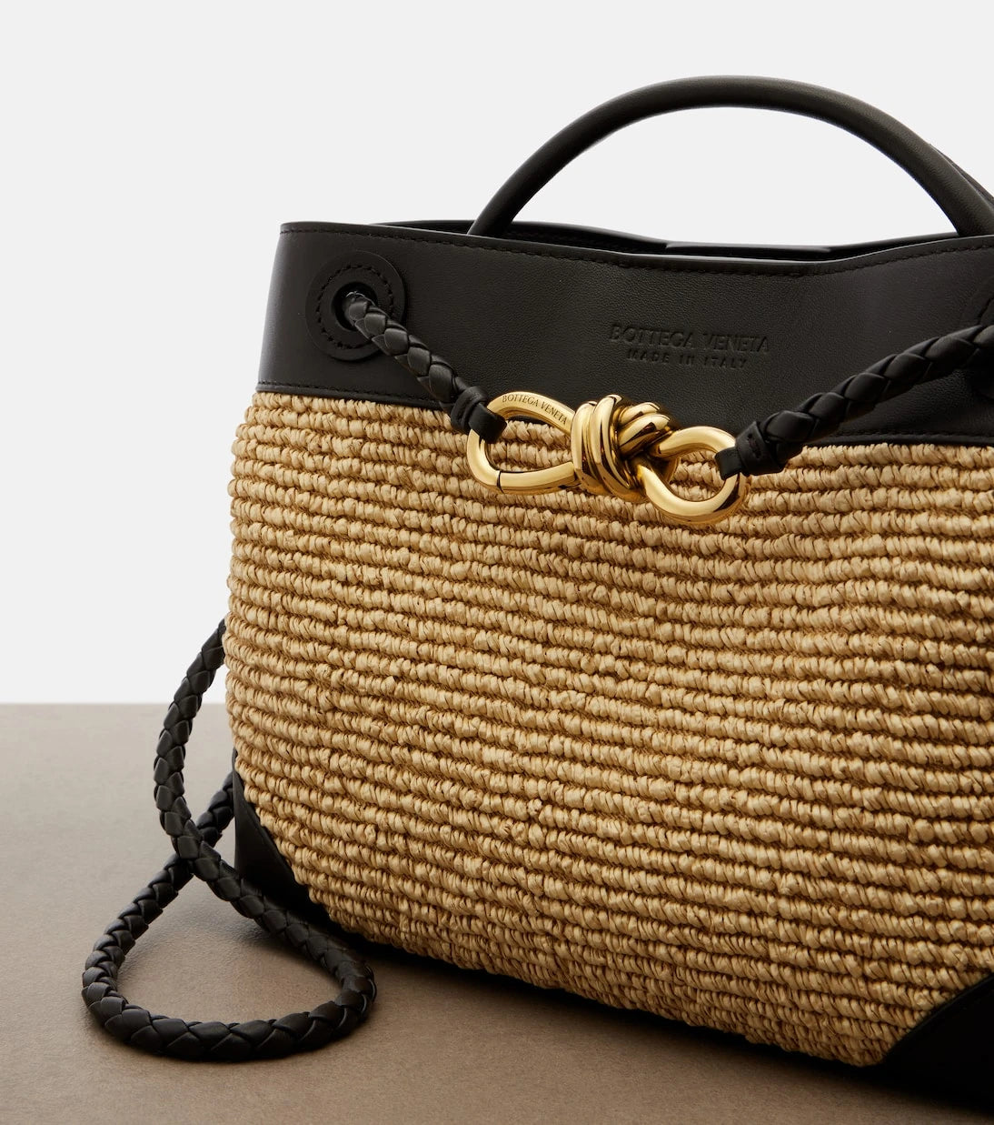 Bottega Veneta - Andiamo Small leather and raffia top-handle bag