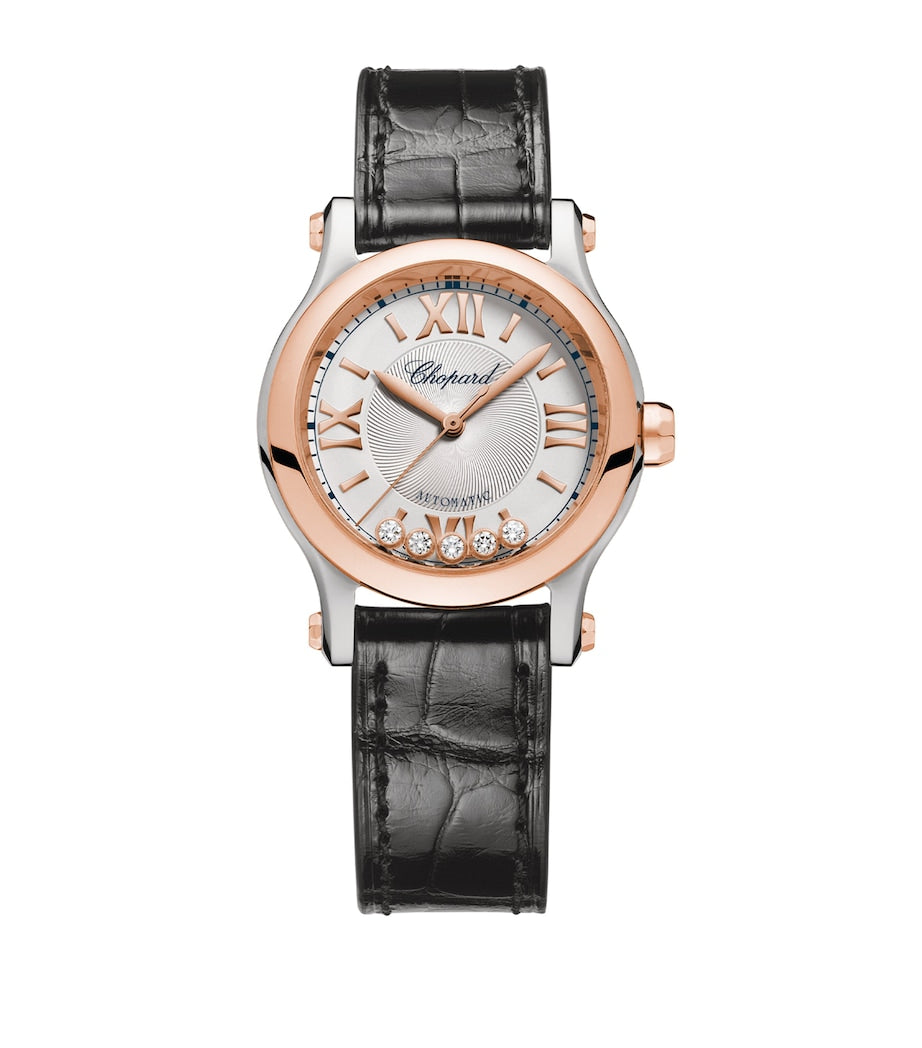 Rose Gold, Stainless Steel and Diamond Happy Sport Automatic Watch 30mm