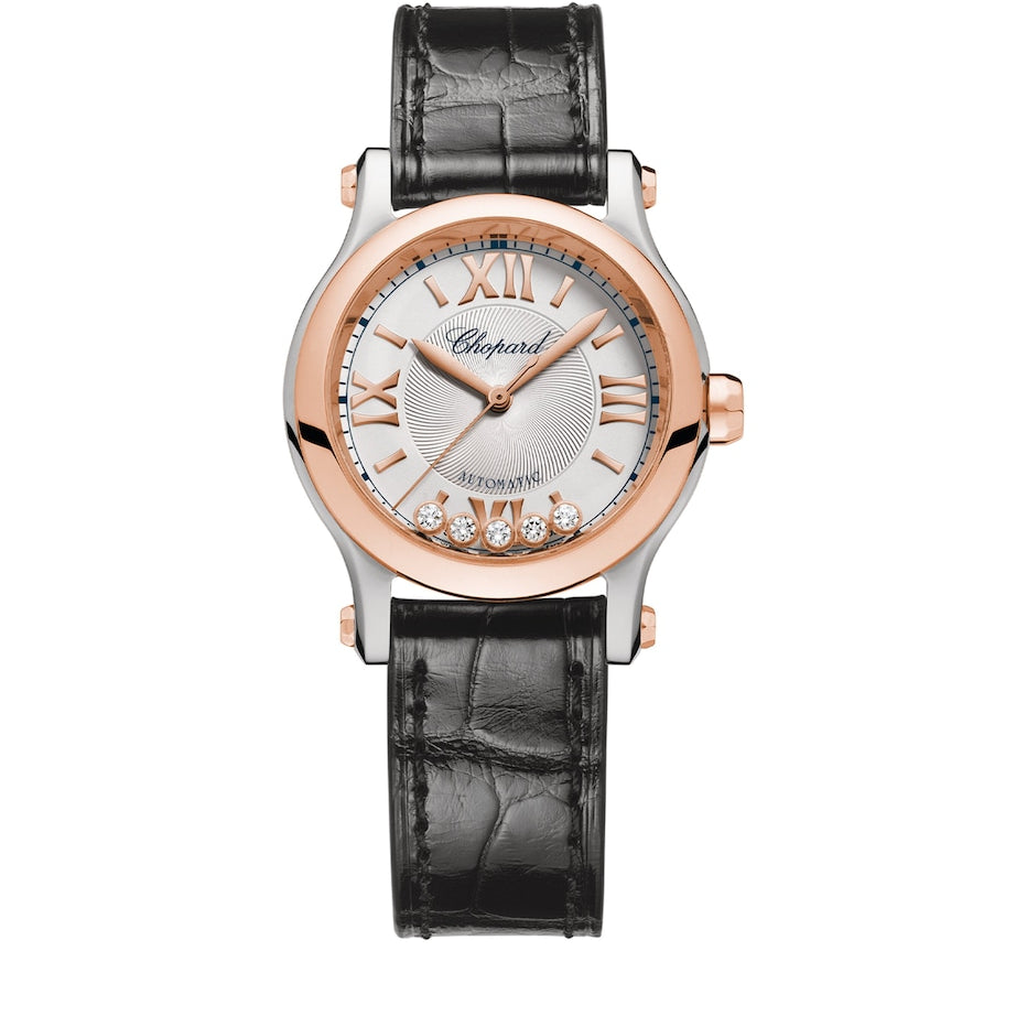 Rose Gold, Stainless Steel and Diamond Happy Sport Automatic Watch 30mm