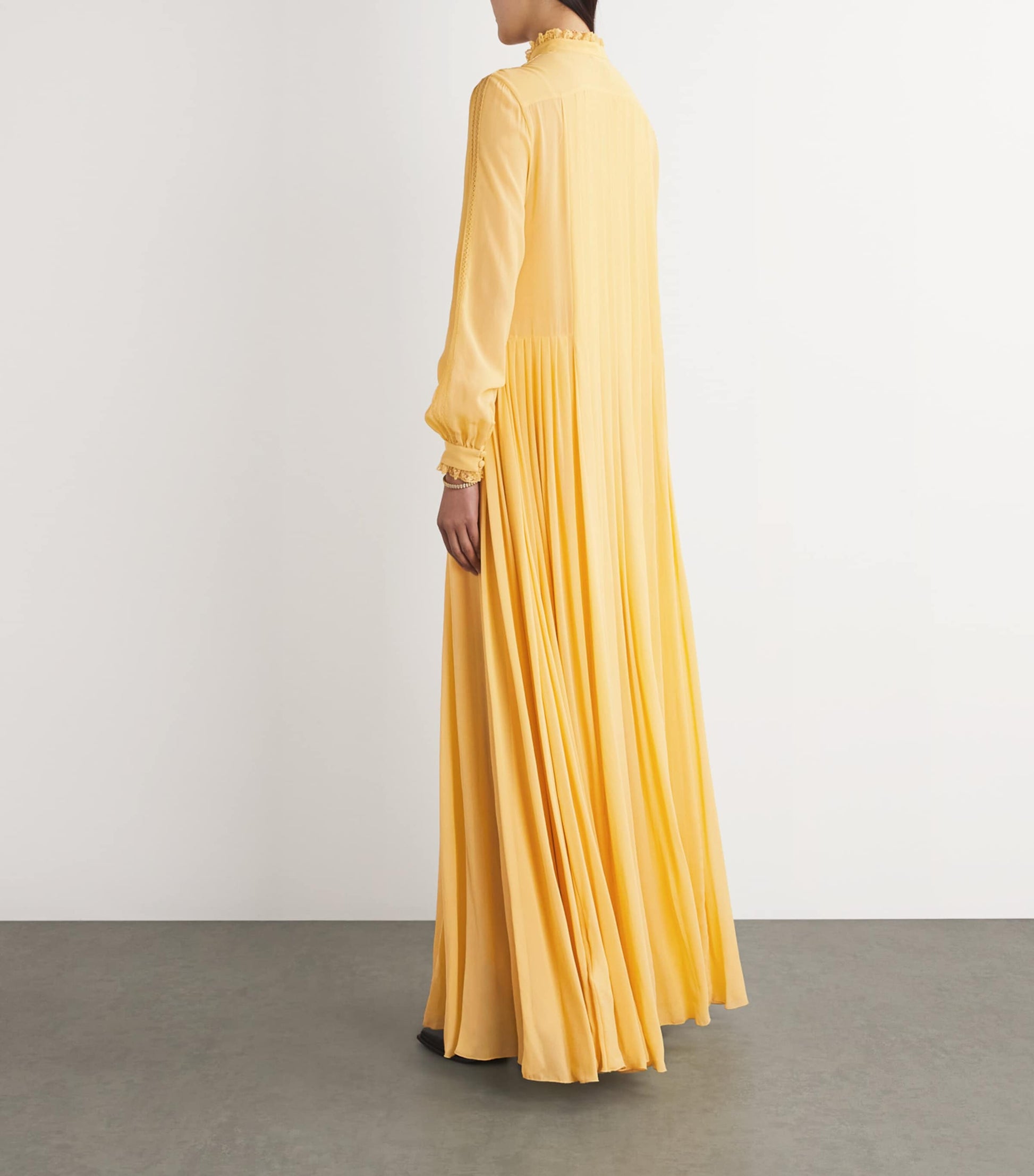 Etro Yellow Silk High-Neck Pleated Gown