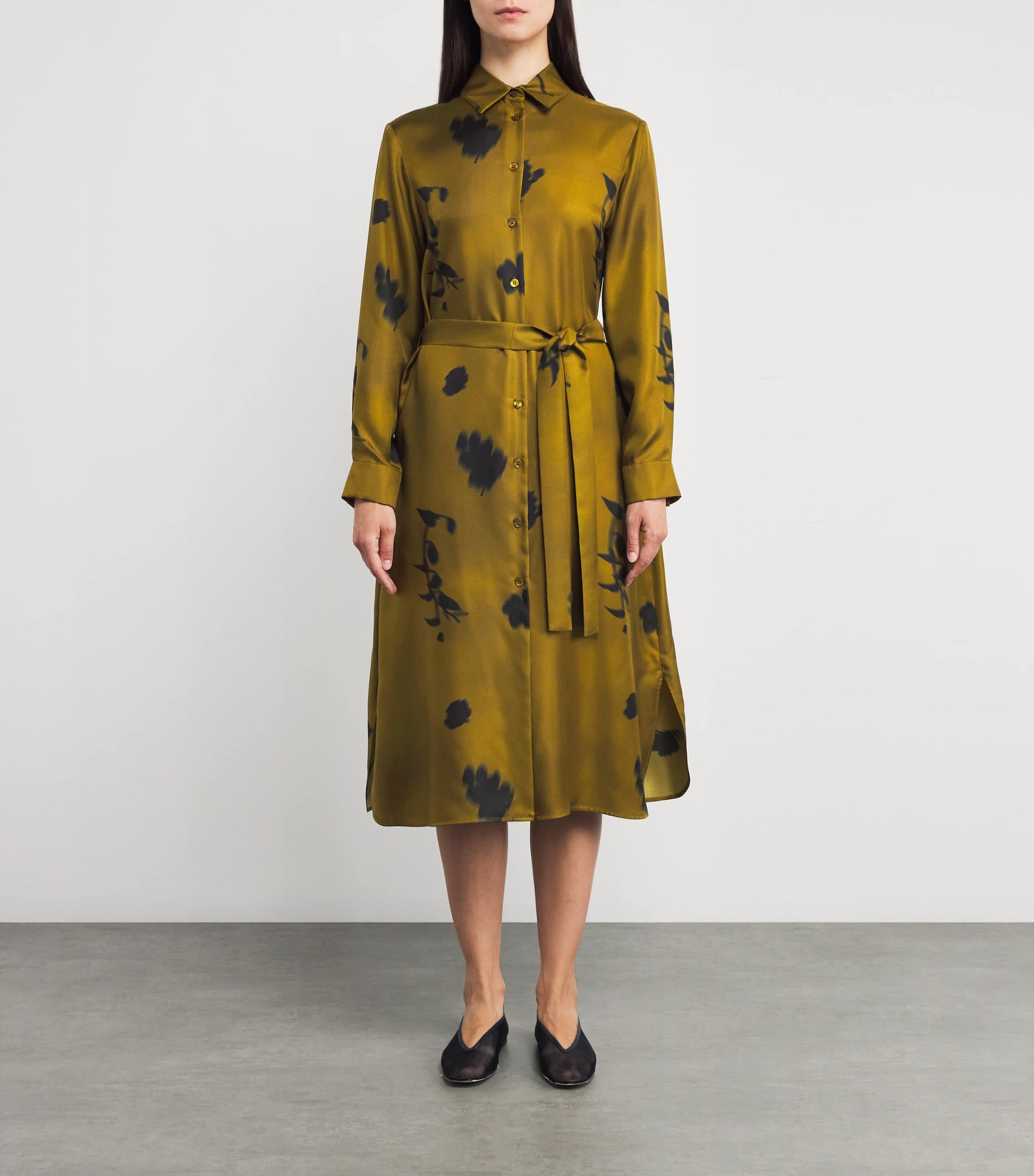 Green Silk Printed Jadi Midi Shirt Dress