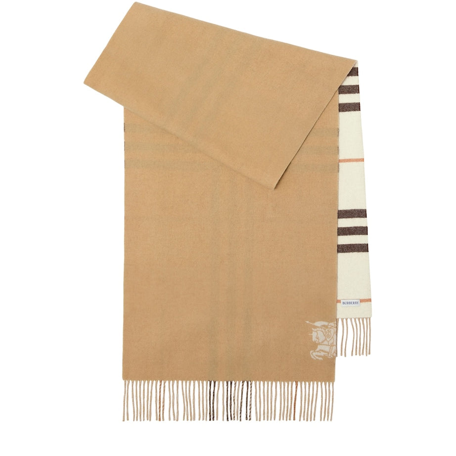 Burberry White Cashmere Wide Reversible EKD Scarf