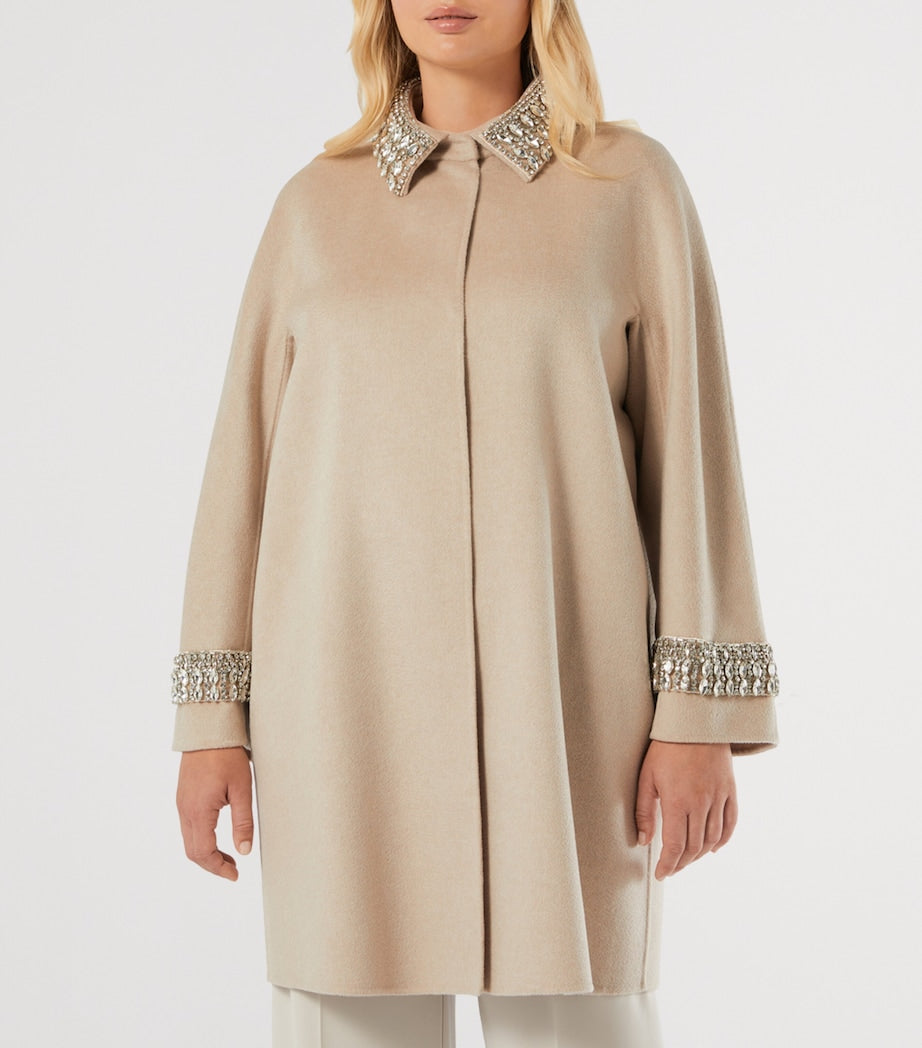 Marina Rinaldi Beige Wool Embellished-Detail Coat