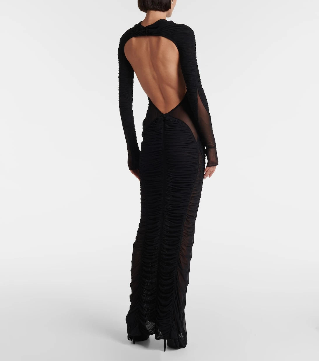 Mugler - Ruched open-back mesh gown