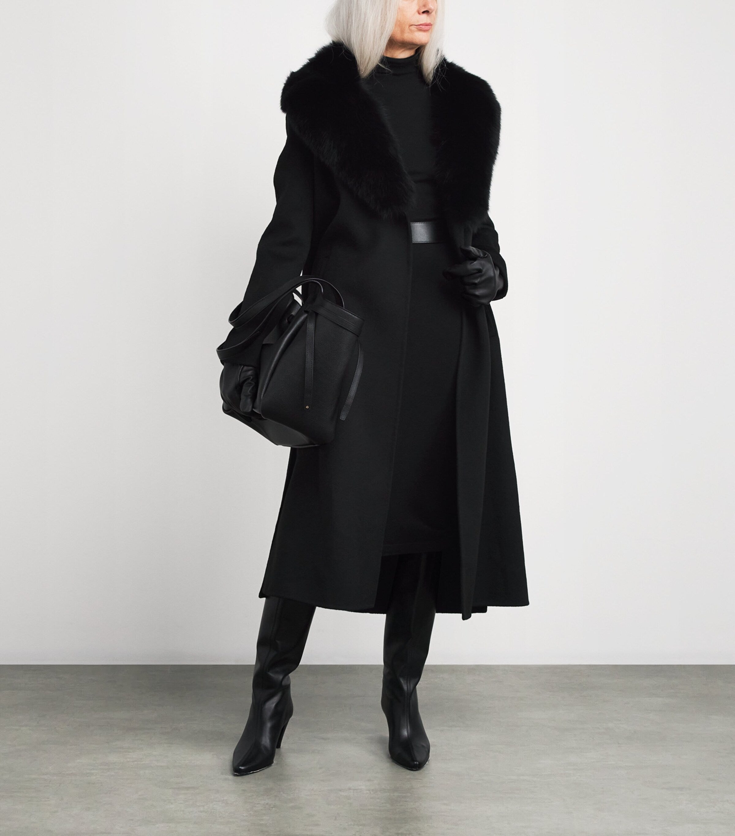 Yves Salomon Black Wool-Cashmere Fur-Trim Coat
