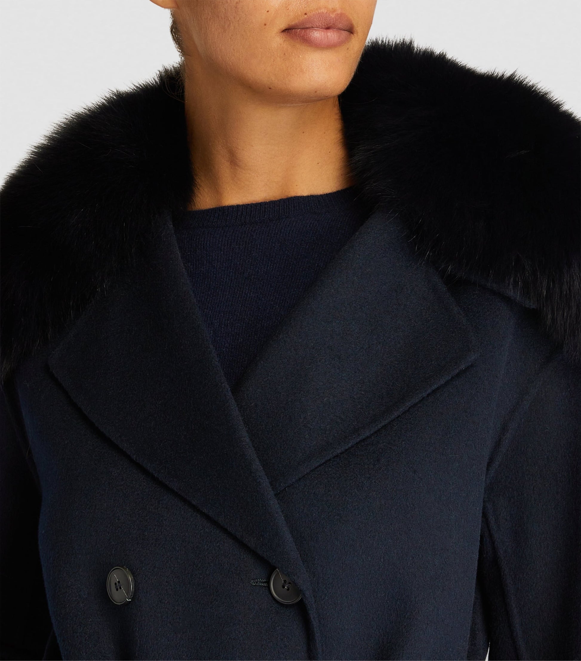 Yves Salomon Blue Wool-Cashmere Fur-Trim Coat