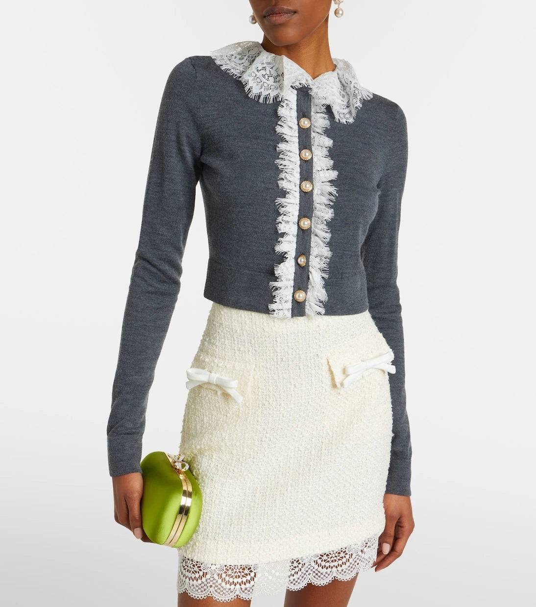 Self-Portrait - Lace-trimmed wool cardigan
