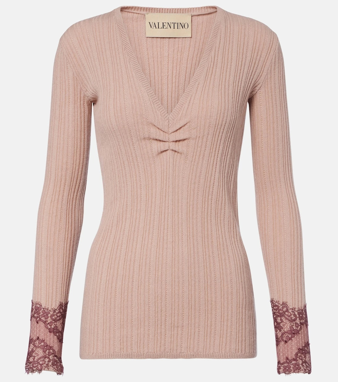 Valentino - Gathered lace-trimmed cashmere sweater