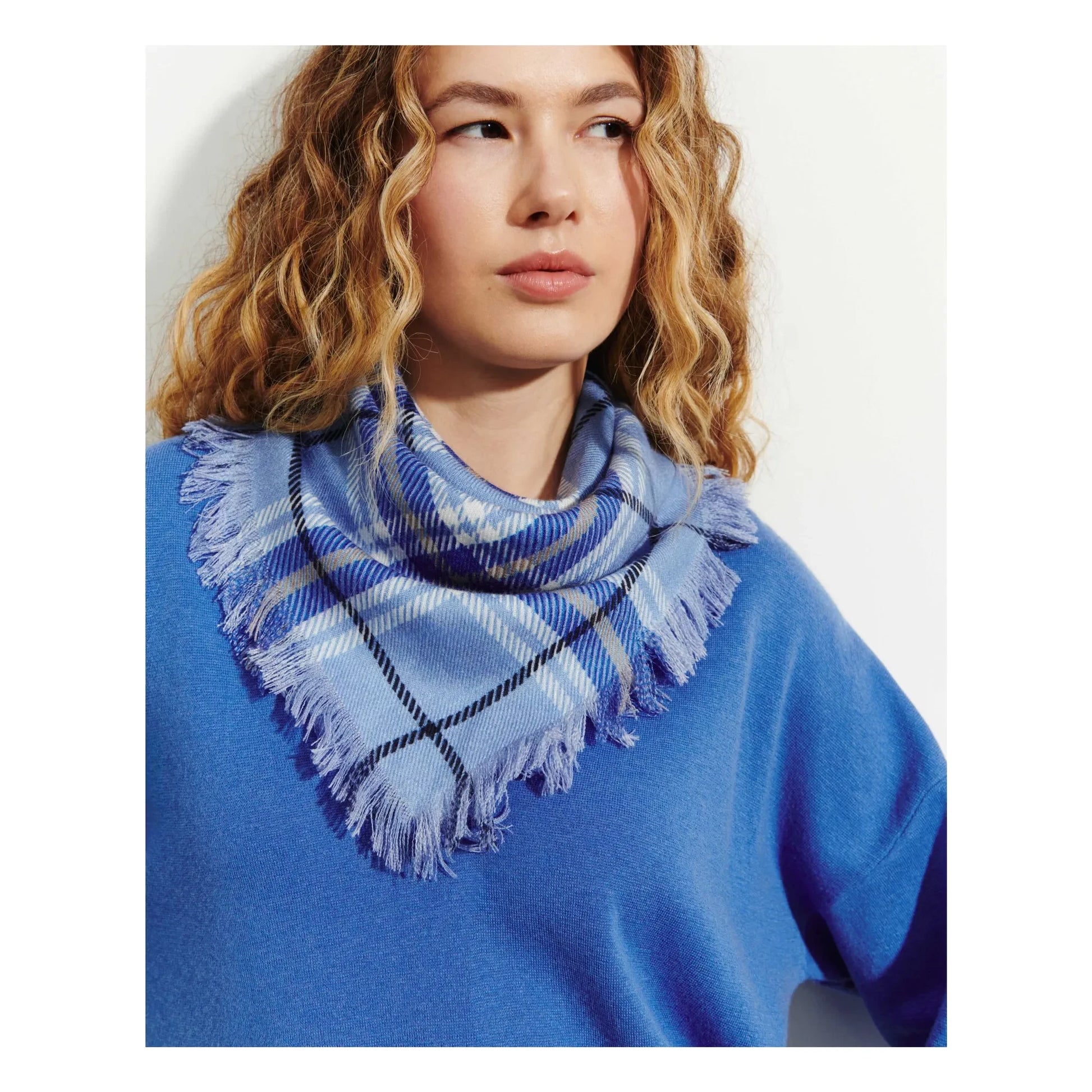 Bompard - Mini Carré Tartan Cashmere Scarf | Blue